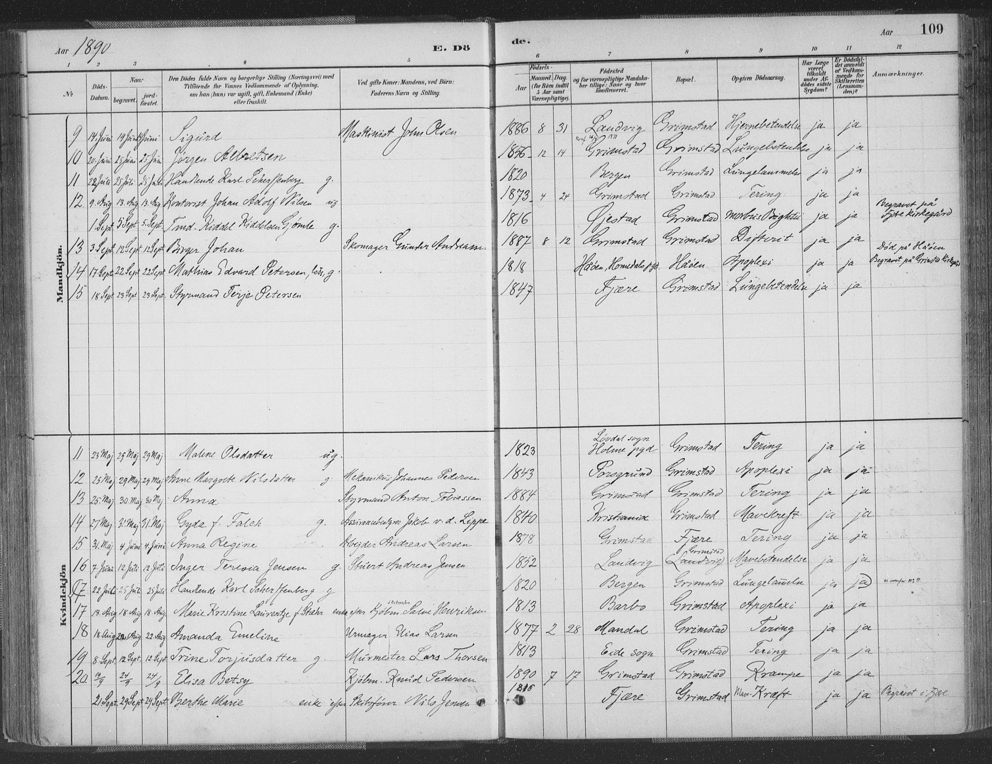 Grimstad sokneprestkontor, AV/SAK-1111-0017/F/Fa/L0004: Parish register (official) no. A 3, 1882-1910, p. 109