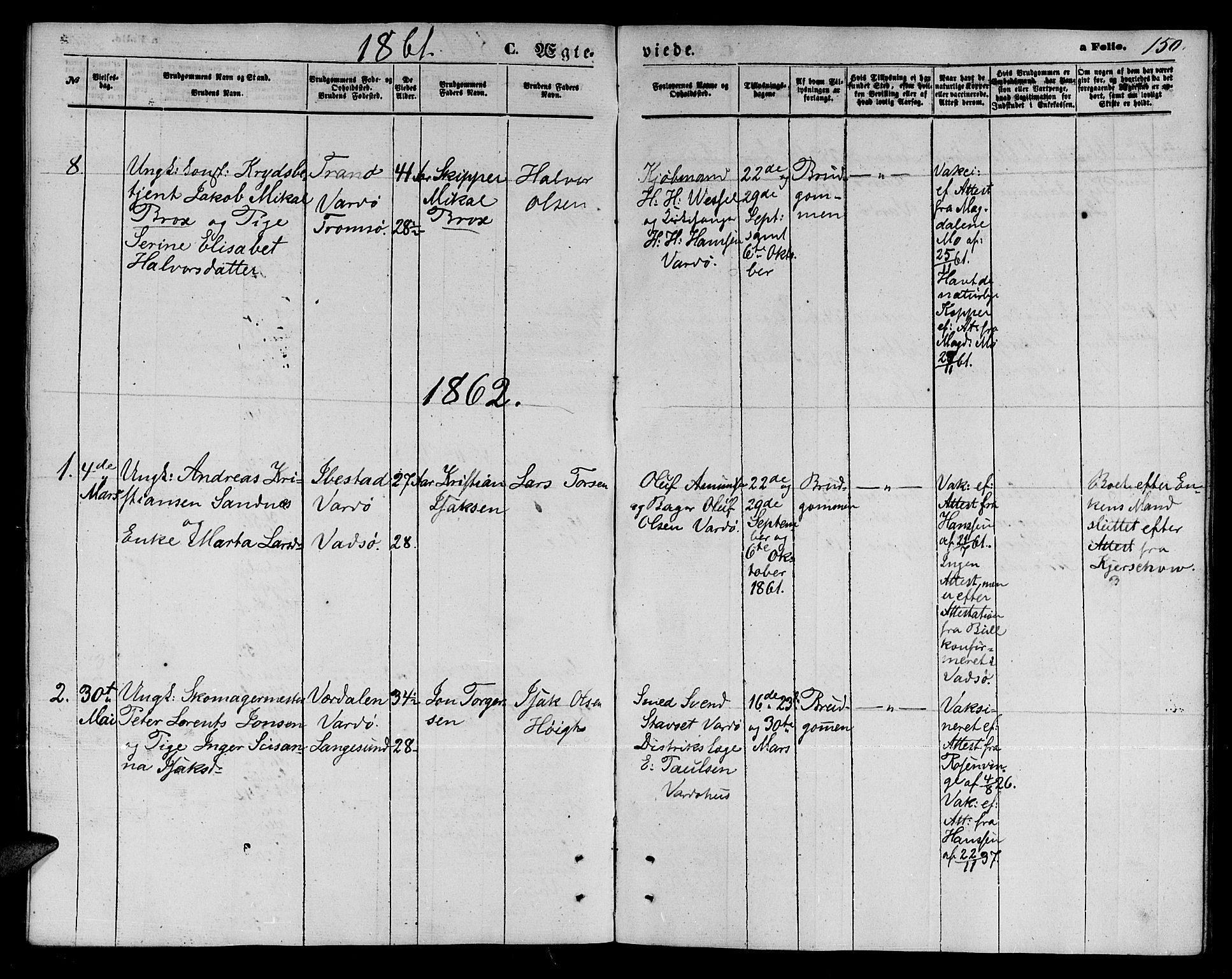 Vardø sokneprestkontor, SATØ/S-1332/H/Hb/L0002klokker: Parish register (copy) no. 2, 1861-1870, p. 150