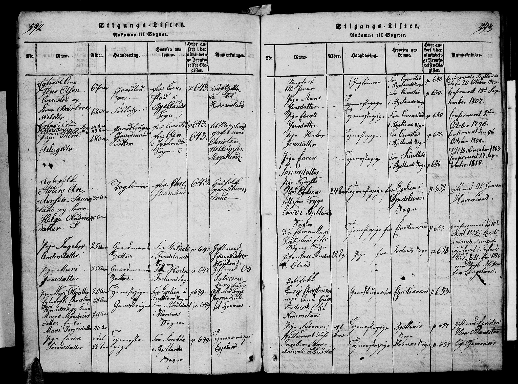 Vennesla sokneprestkontor, AV/SAK-1111-0045/Fb/Fba/L0001: Parish register (copy) no. B 1, 1820-1834, p. 592-593