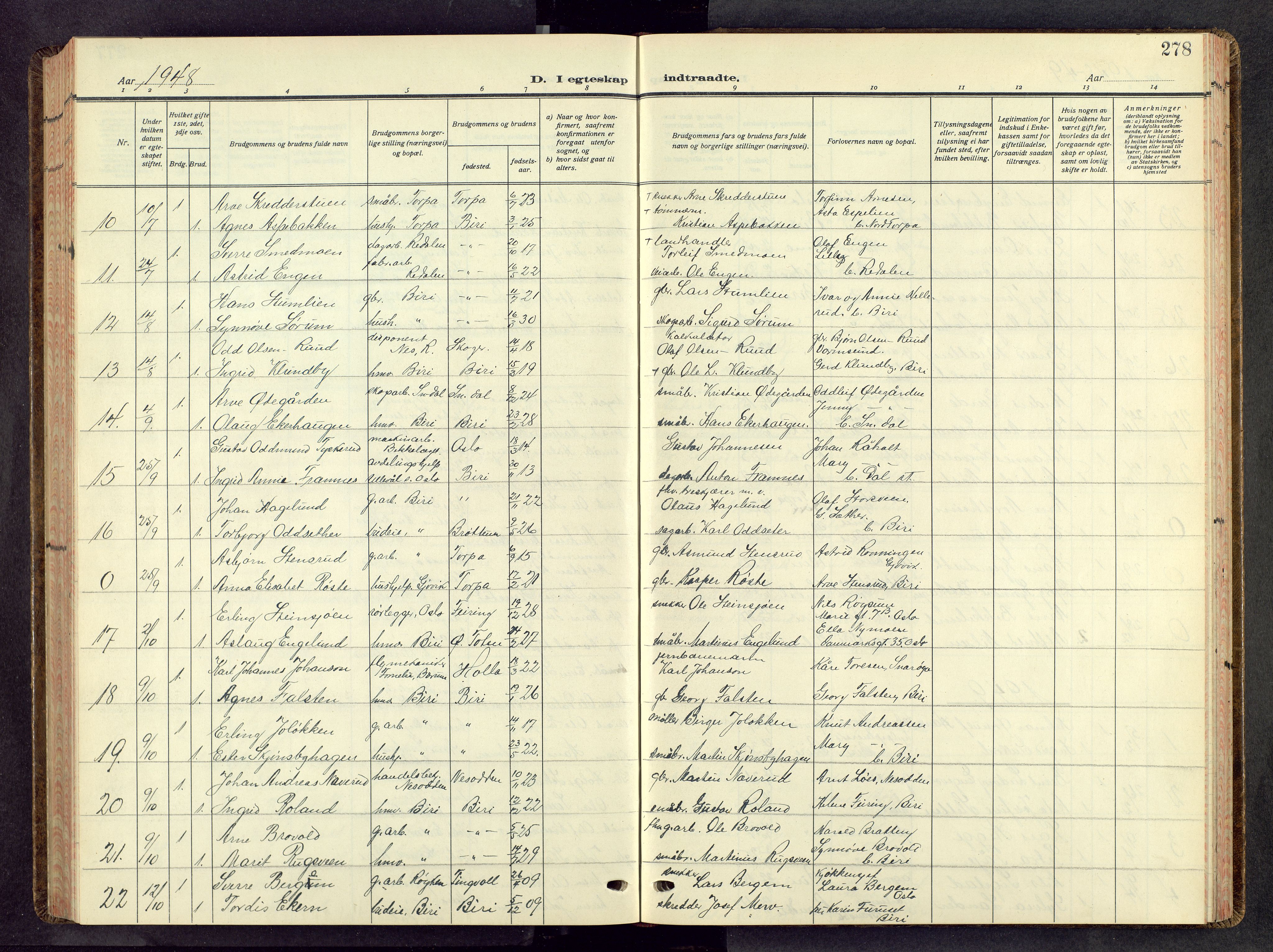 Biri prestekontor, SAH/PREST-096/H/Ha/Hab/L0008: Parish register (copy) no. 8, 1939-1962, p. 278