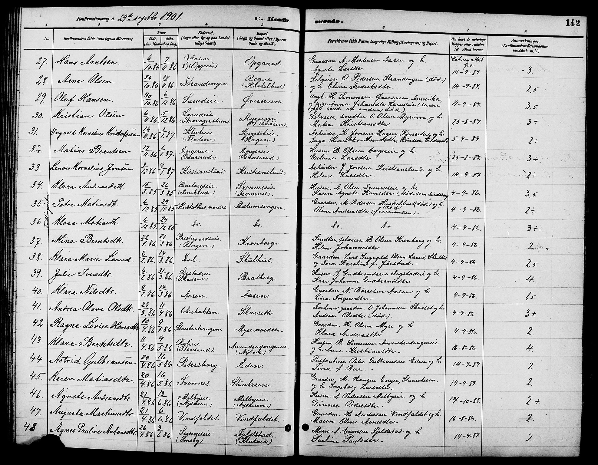 Biri prestekontor, SAH/PREST-096/H/Ha/Hab/L0004: Parish register (copy) no. 4, 1892-1909, p. 142