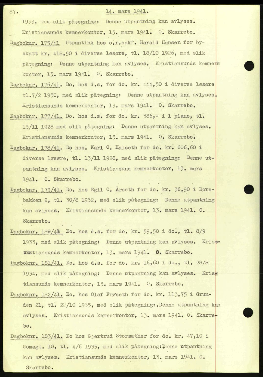 Kristiansund byfogd, AV/SAT-A-4587/A/27: Mortgage book no. 32a, 1938-1946, Diary no: : 175/1941