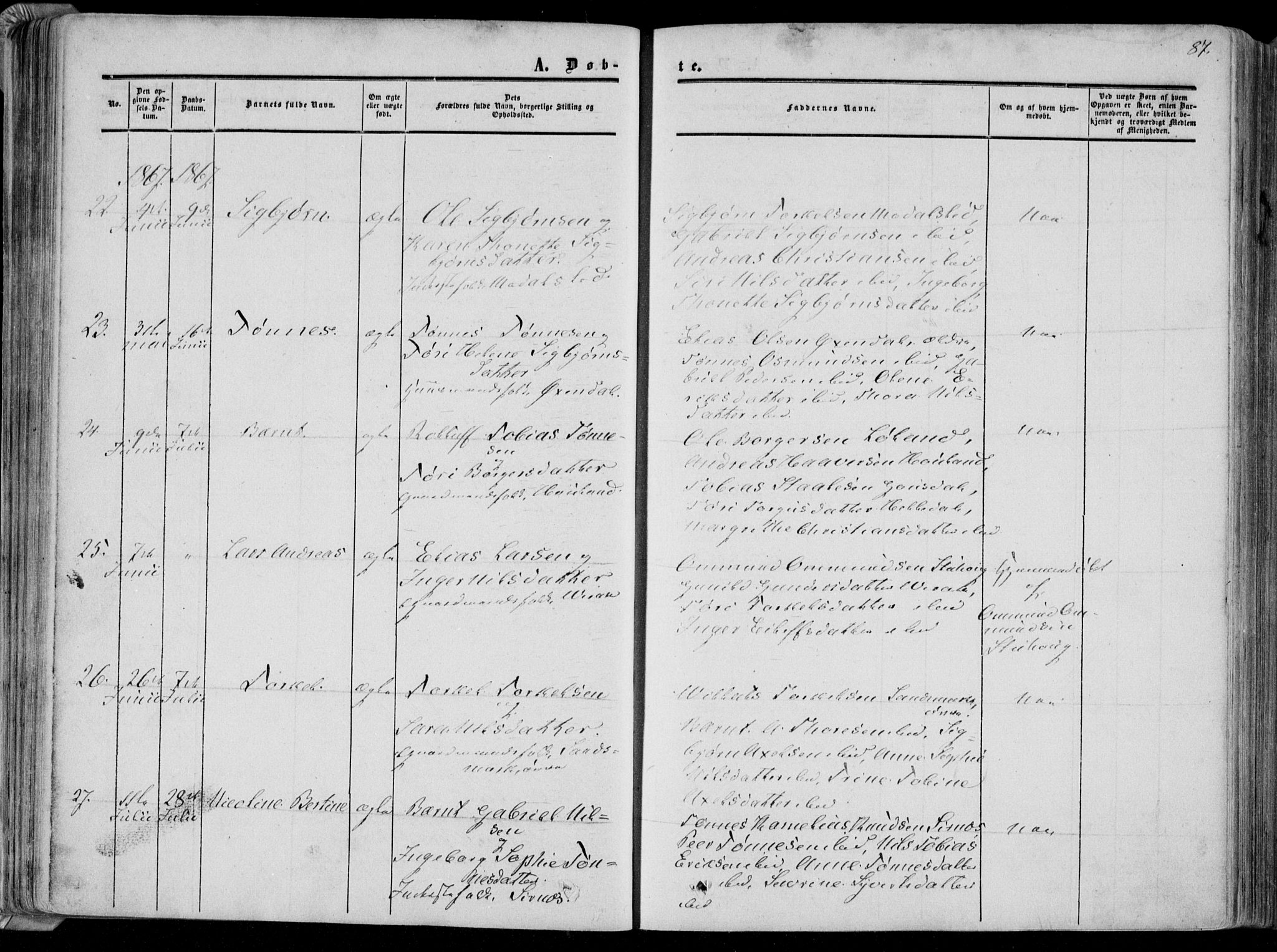 Bakke sokneprestkontor, AV/SAK-1111-0002/F/Fa/Faa/L0006: Parish register (official) no. A 6, 1855-1877, p. 87