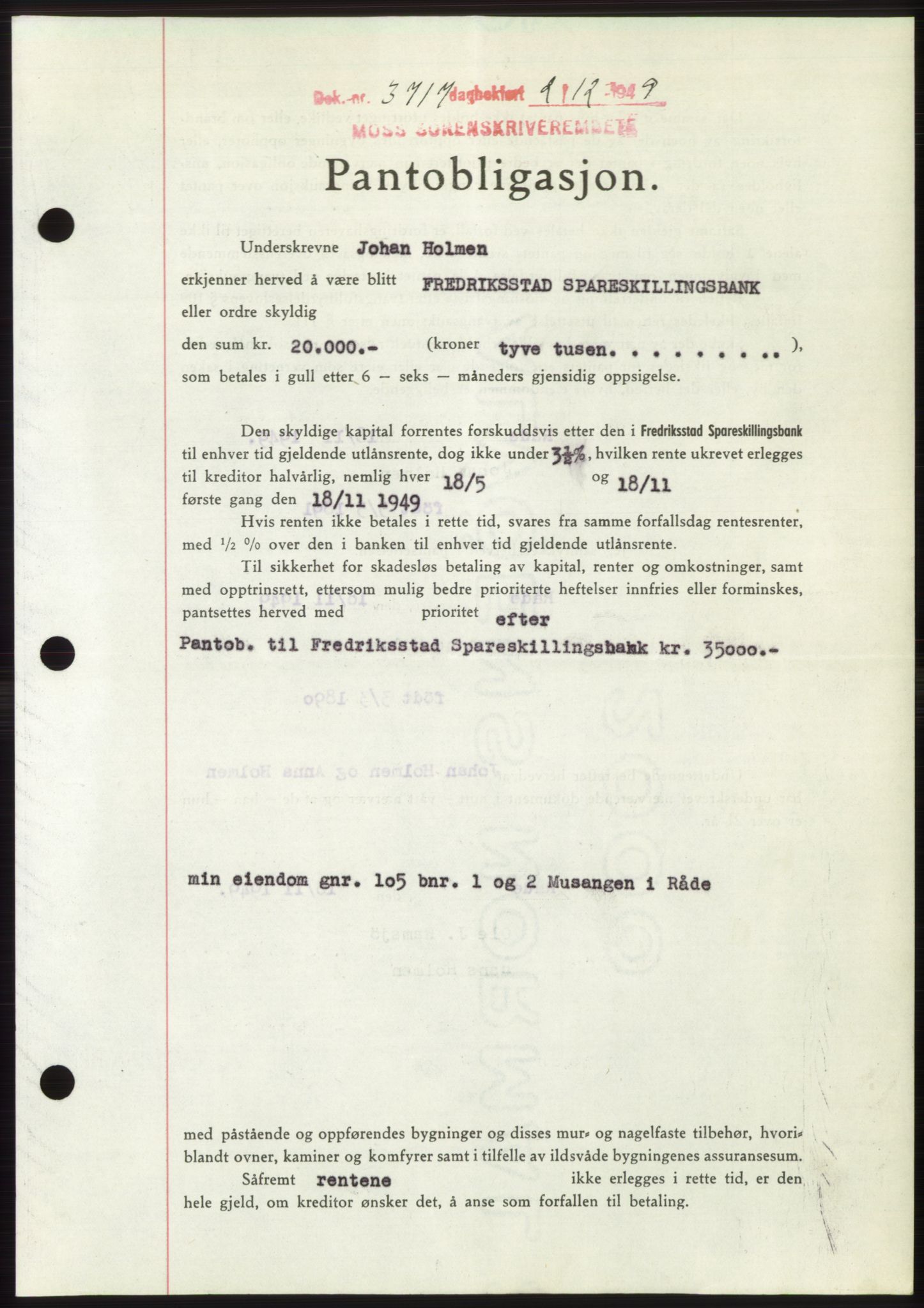 Moss sorenskriveri, SAO/A-10168: Mortgage book no. B23, 1949-1950, Diary no: : 3717/1949