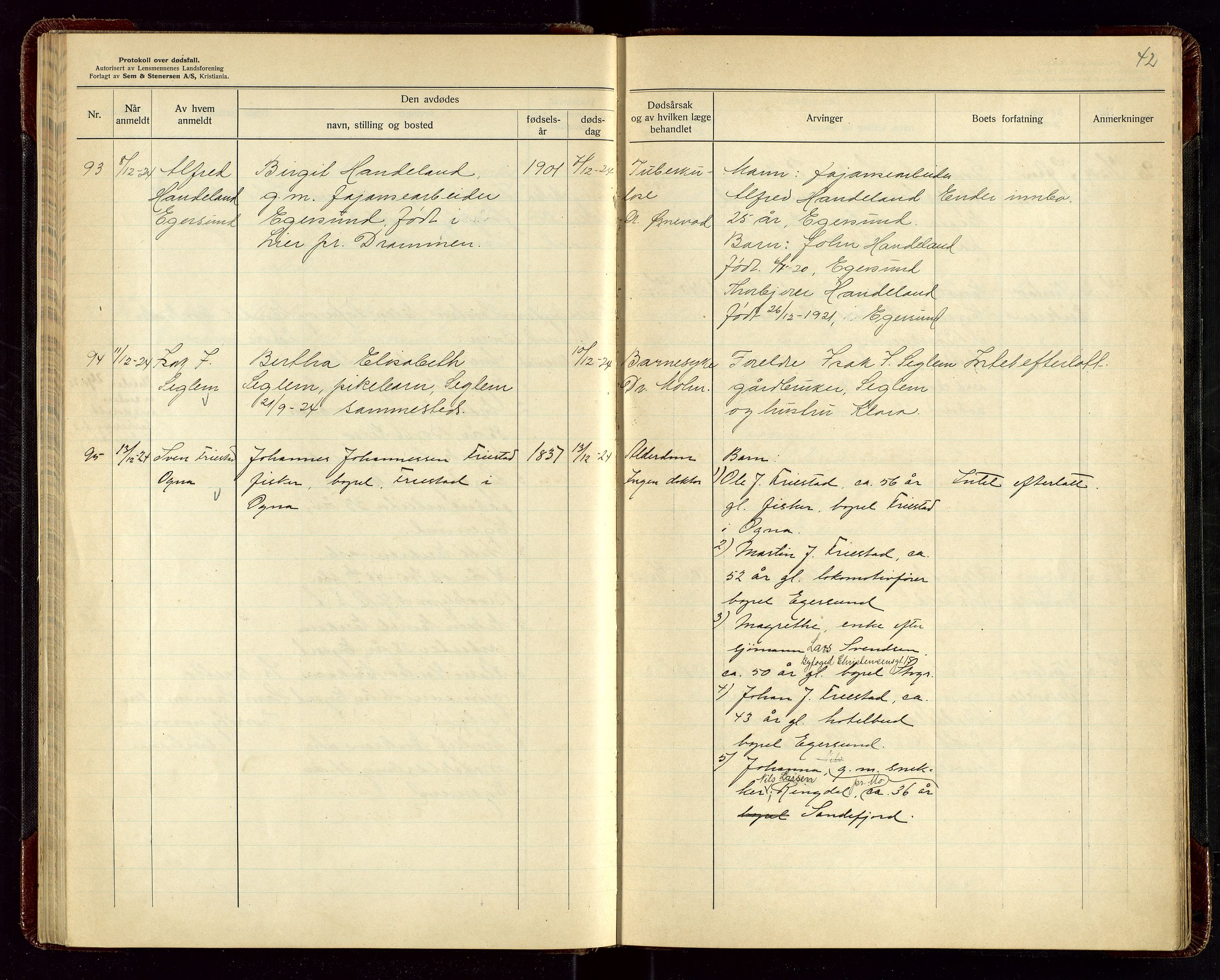Eigersund lensmannskontor, AV/SAST-A-100171/Gga/L0009: "Protokoll over anmeldte dødsfall" m/alfabetisk navneregister, 1922-1926, p. 42