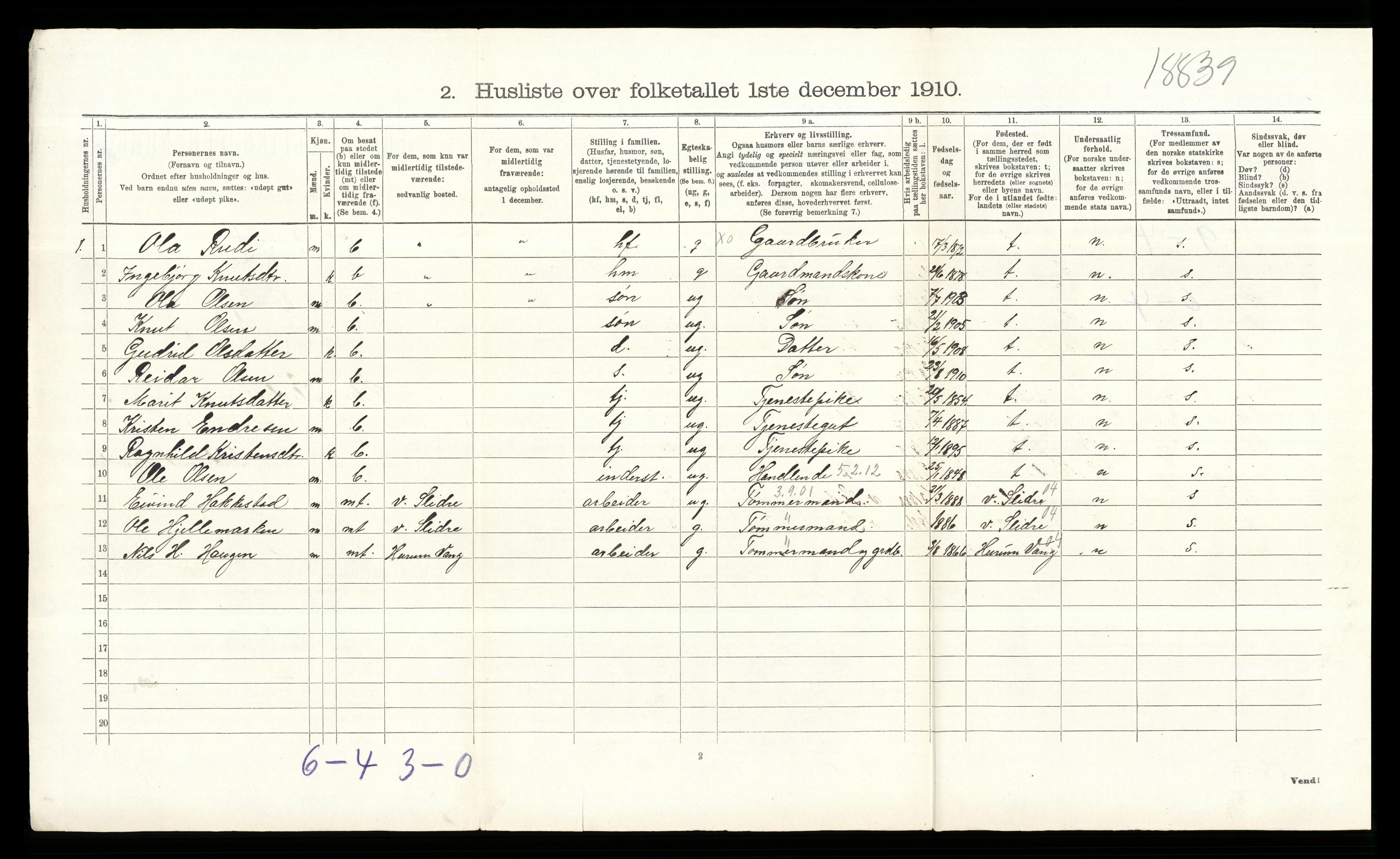 RA, 1910 census for Øystre Slidre, 1910, p. 237