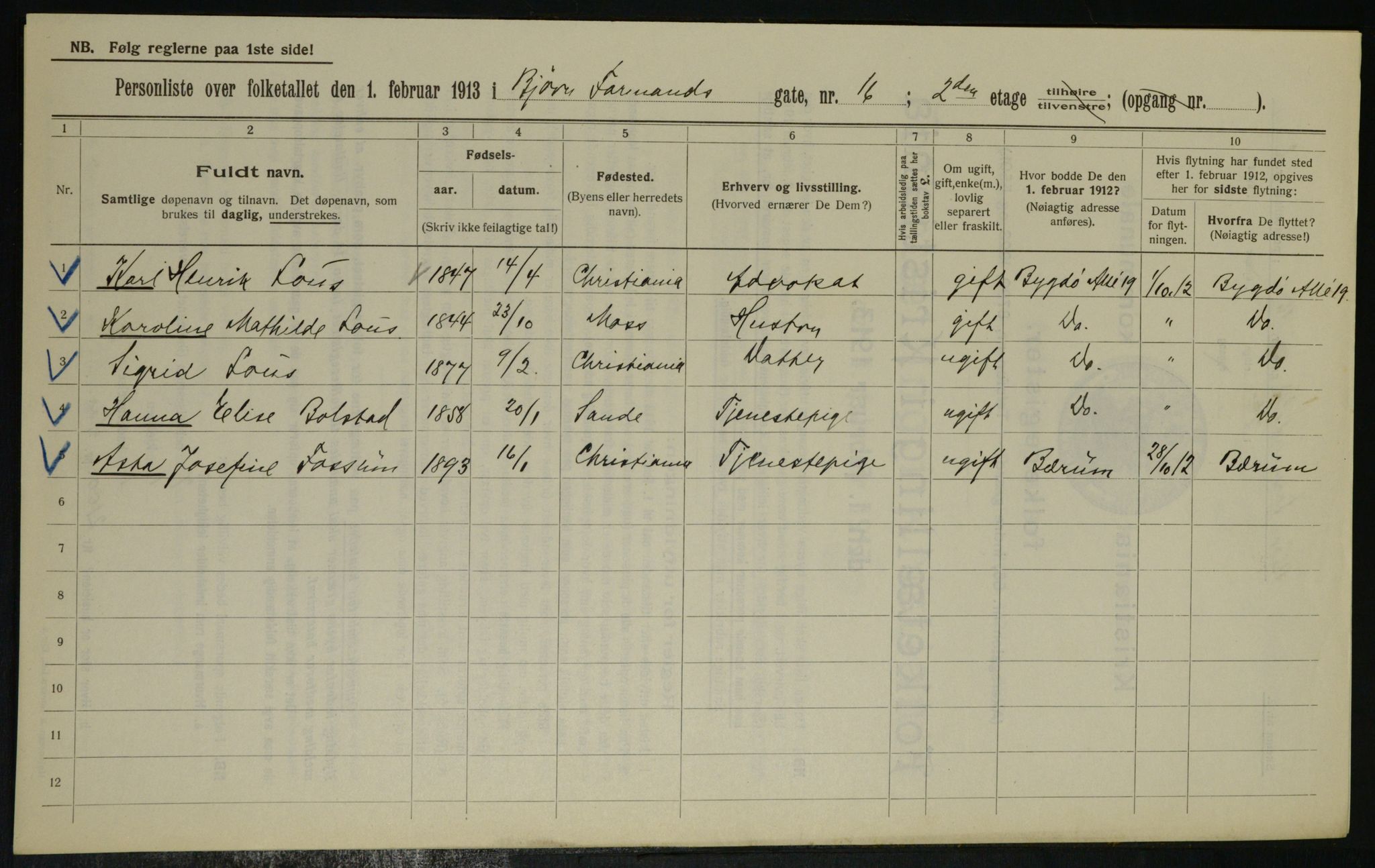 OBA, Municipal Census 1913 for Kristiania, 1913, p. 6568