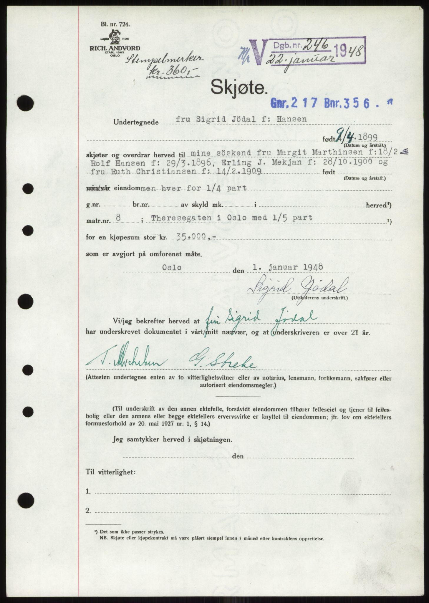 Oslo byskriverembete, AV/SAO-A-10227/G/Gb/Gbb/Gbbd/L0001: Mortgage book no. VS1, 1936-1948, Diary no: : 246/1948