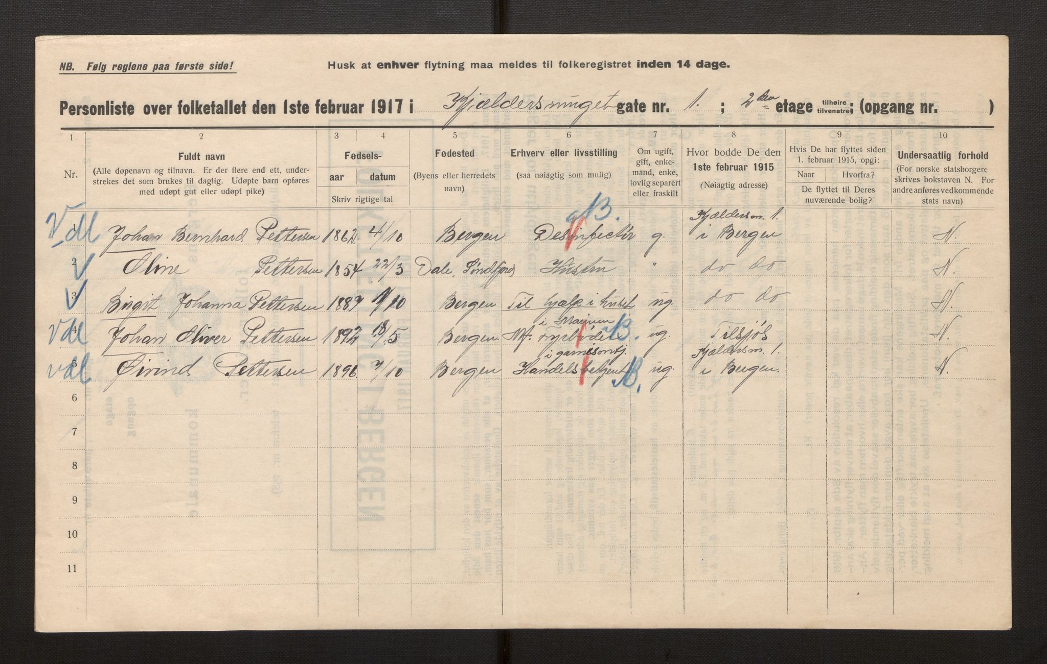 SAB, Municipal Census 1917 for Bergen, 1917, p. 17654