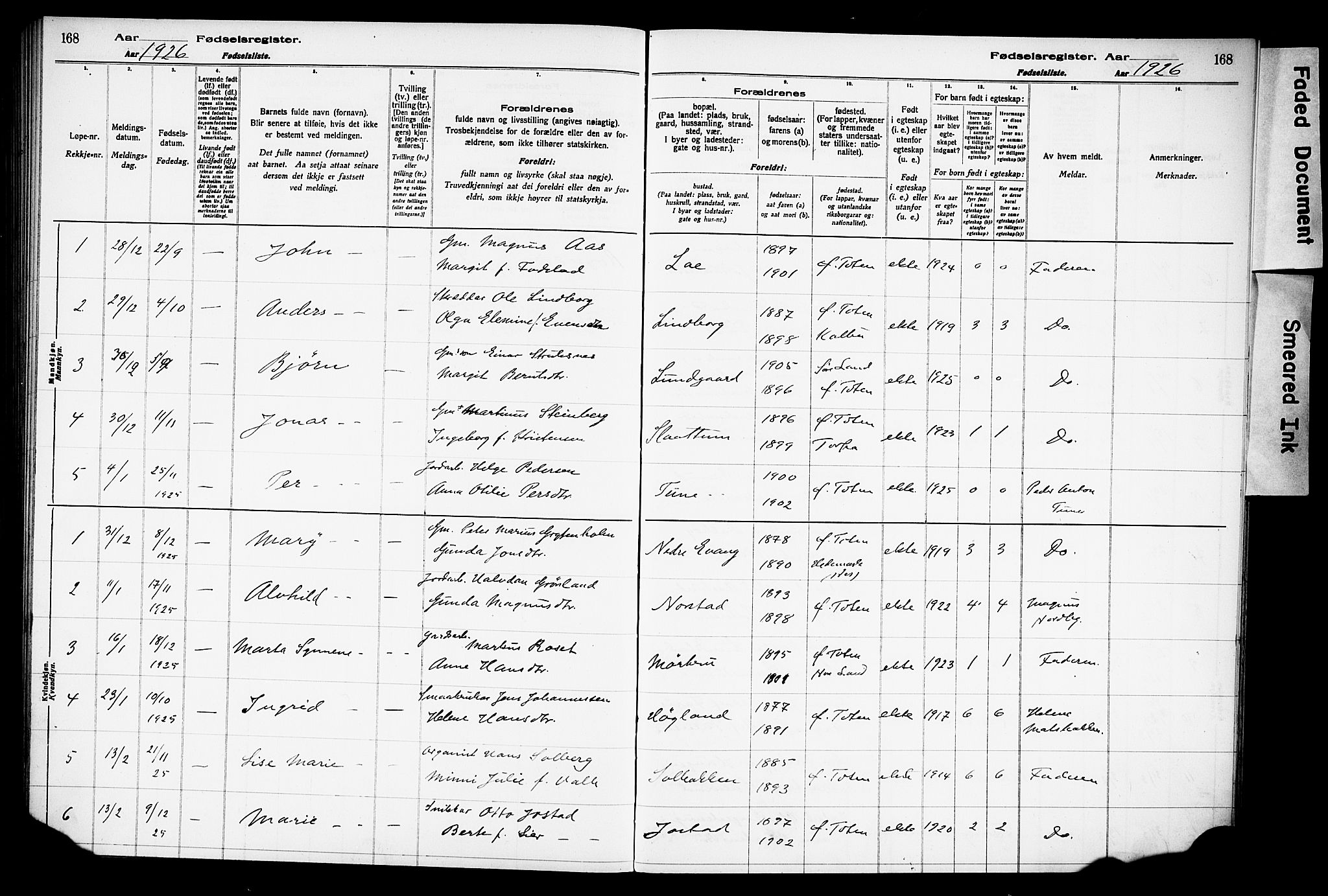 Østre Toten prestekontor, SAH/PREST-104/I/Id/L0001/0001: Birth register no. 1.1, 1916-1928, p. 168