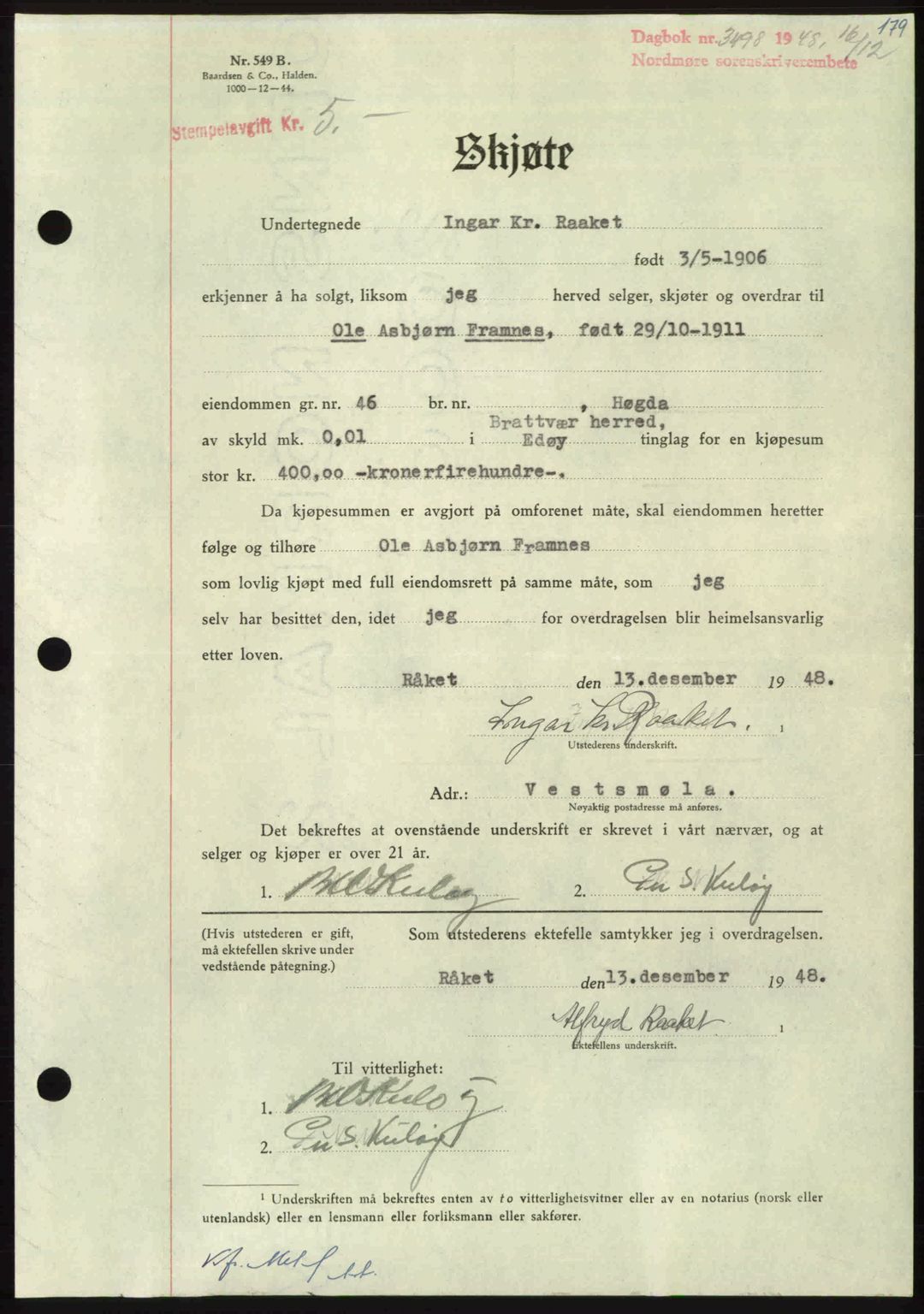 Nordmøre sorenskriveri, AV/SAT-A-4132/1/2/2Ca: Mortgage book no. A110, 1948-1949, Diary no: : 3498/1948