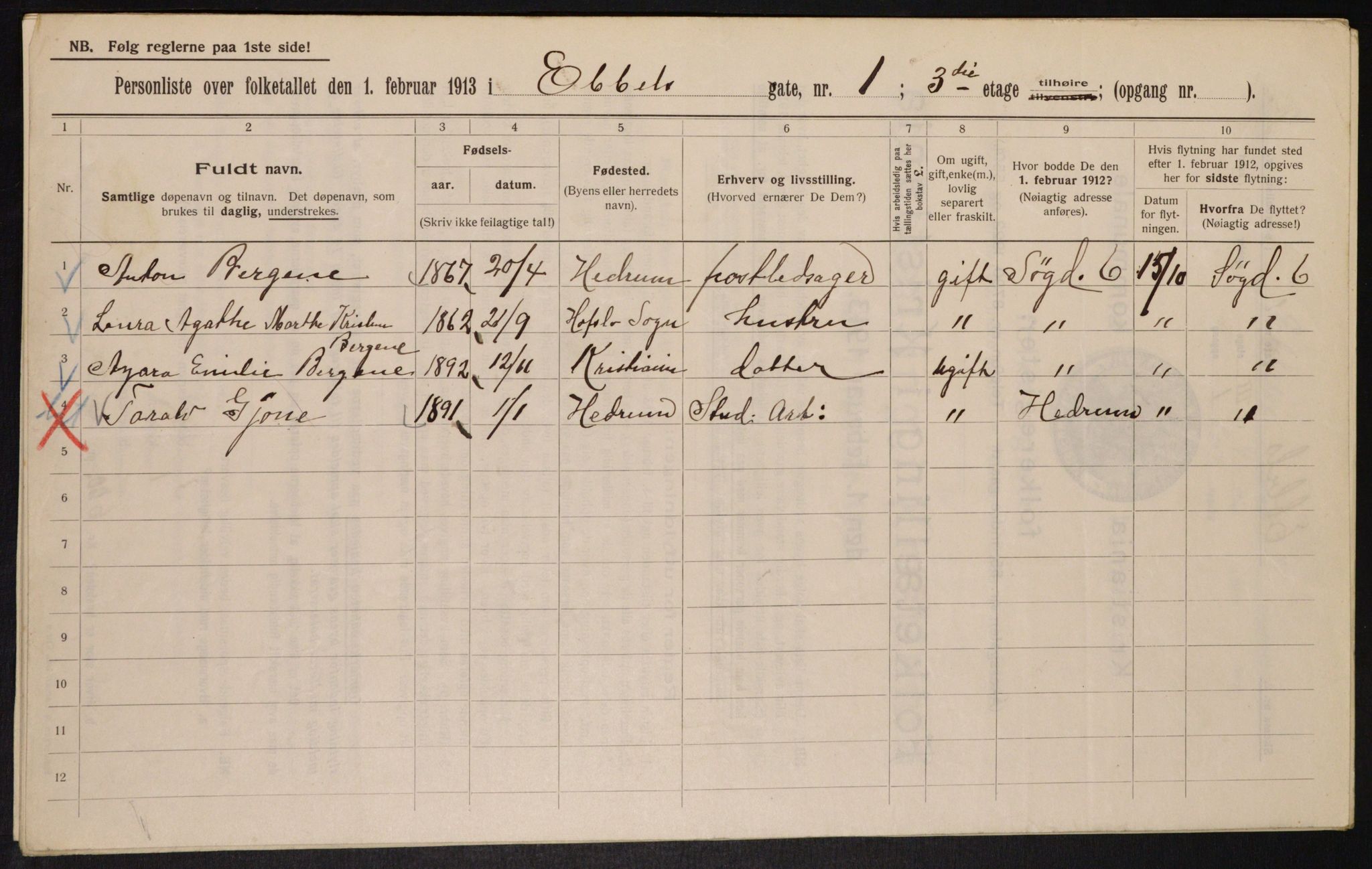 OBA, Municipal Census 1913 for Kristiania, 1913, p. 18107