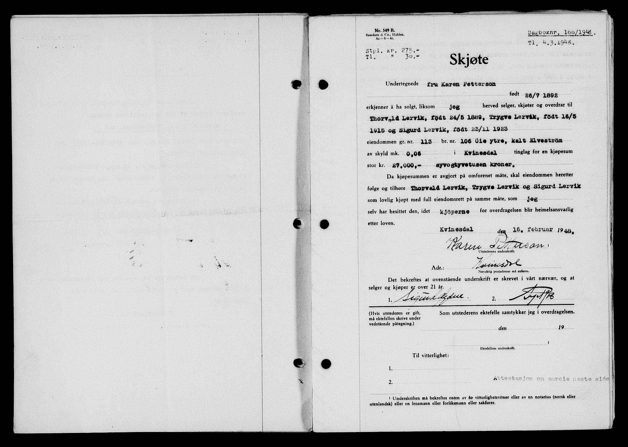 Flekkefjord sorenskriveri, SAK/1221-0001/G/Gb/Gba/L0063: Mortgage book no. A-11, 1947-1948, Diary no: : 166/1948