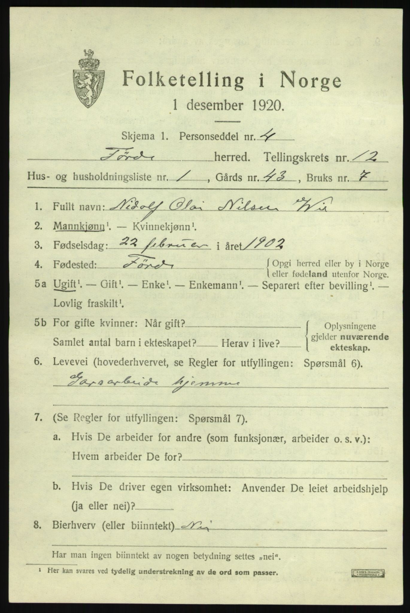 SAB, 1920 census for Førde, 1920, p. 4274