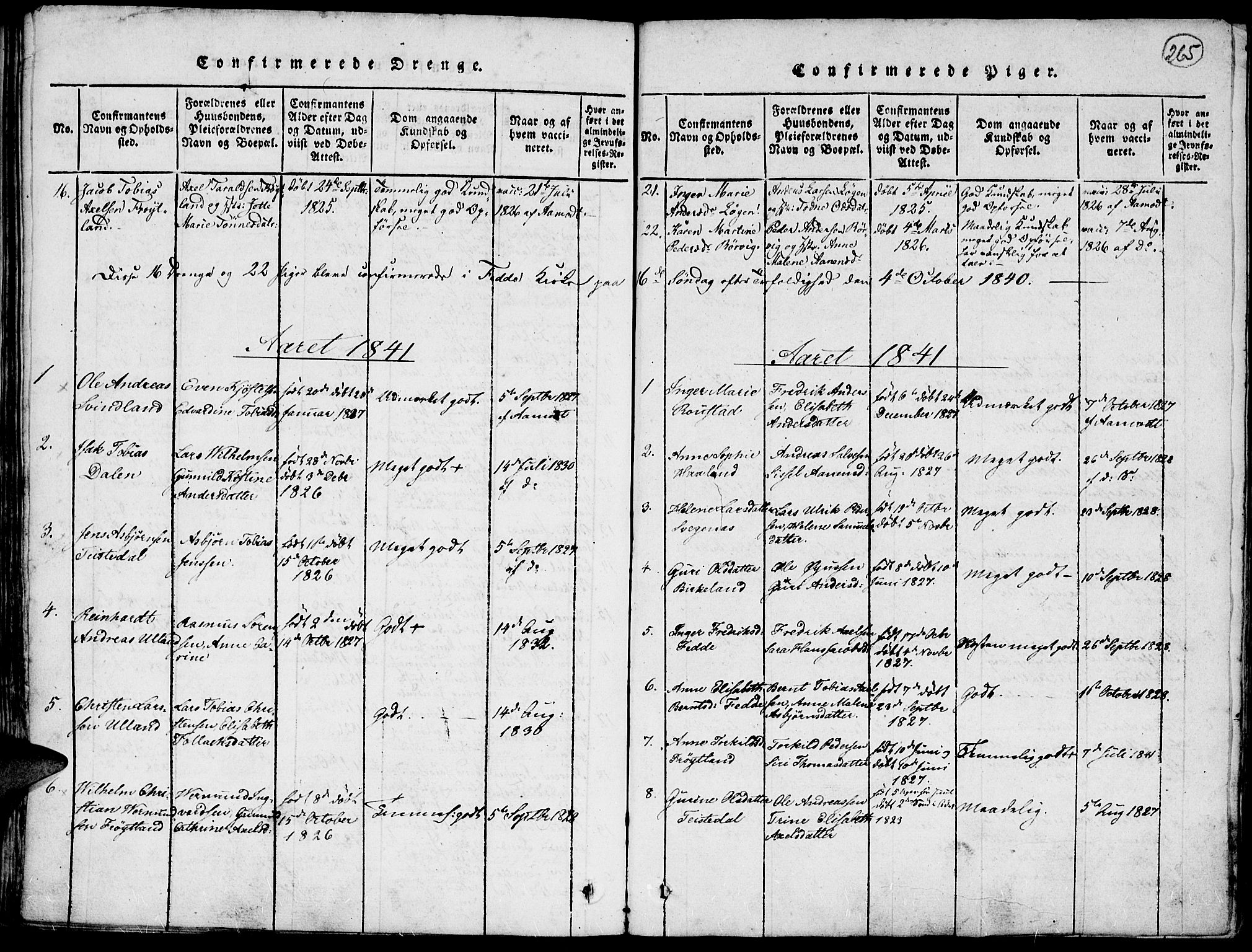 Kvinesdal sokneprestkontor, SAK/1111-0026/F/Fa/Faa/L0001: Parish register (official) no. A 1, 1815-1849, p. 265