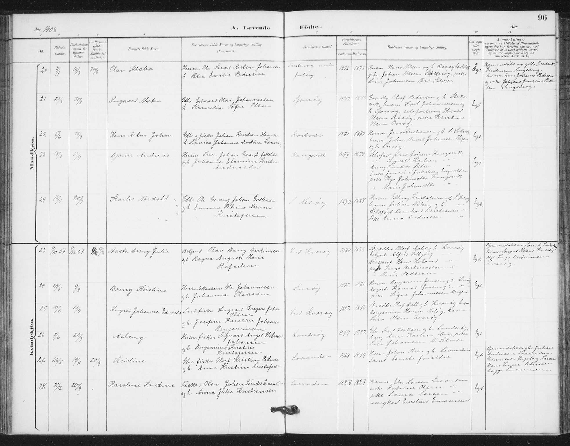 Ministerialprotokoller, klokkerbøker og fødselsregistre - Nordland, AV/SAT-A-1459/839/L0573: Parish register (copy) no. 839C03, 1892-1917, p. 96