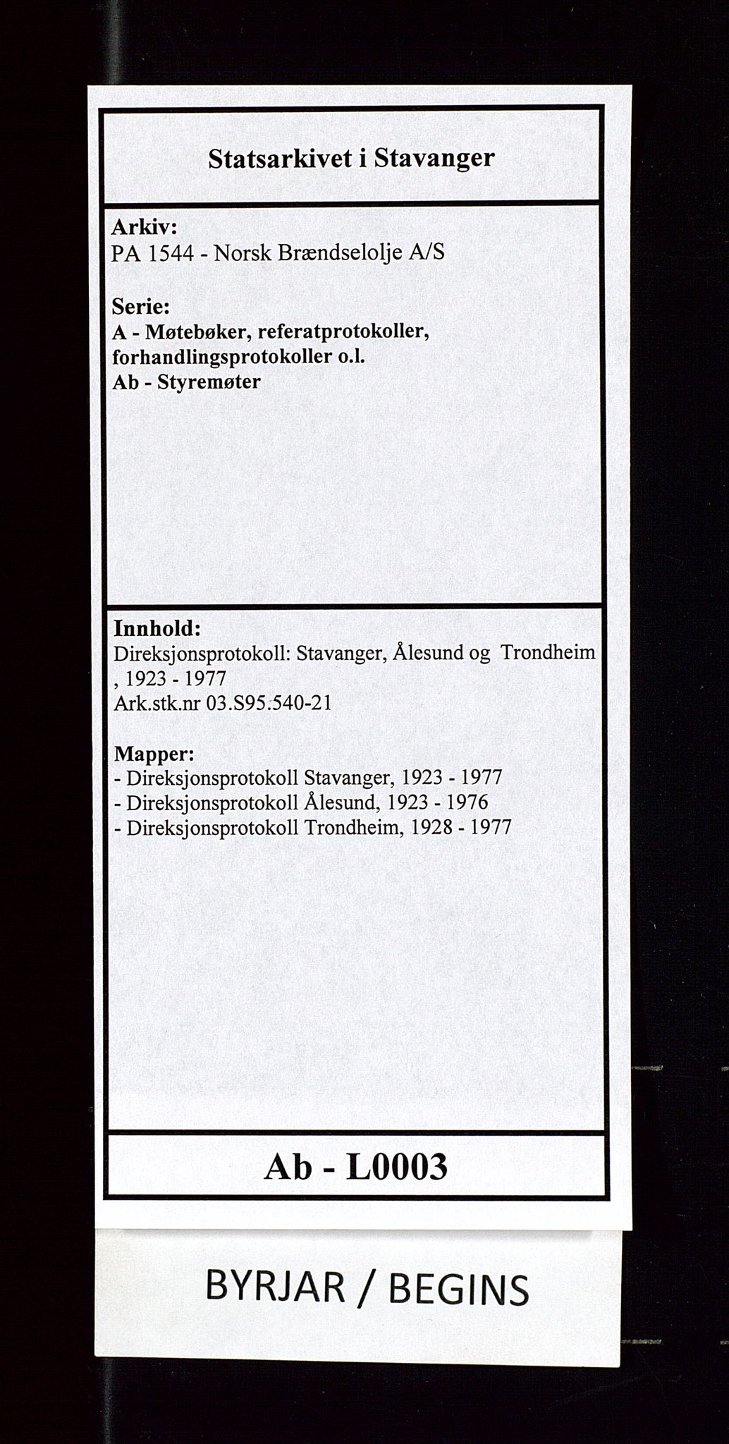 PA 1544 - Norsk Brændselolje A/S, AV/SAST-A-101965/1/A/Ab/L0003/0003: Direksjonsprotokoll: Stavanger, Ålesund og  Trondheim  / Direksjonsprotokoll Trondheim, 1928-1977, p. 1