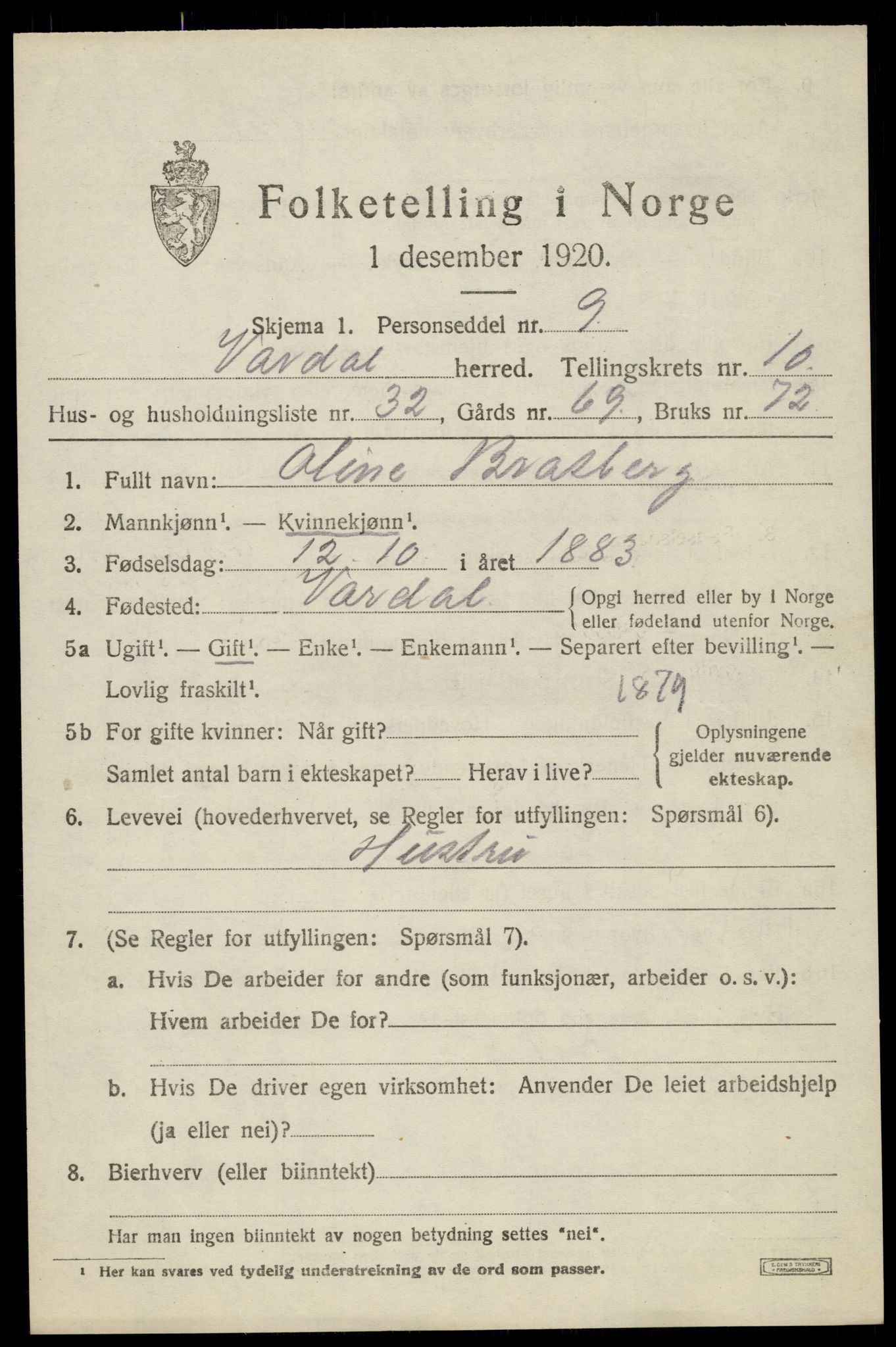 SAH, 1920 census for Vardal, 1920, p. 9021