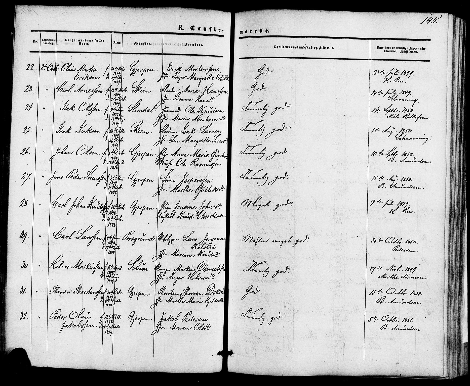 Skien kirkebøker, AV/SAKO-A-302/F/Fa/L0007: Parish register (official) no. 7, 1856-1865, p. 145