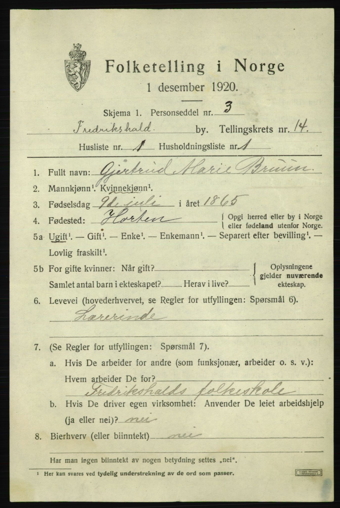 SAO, 1920 census for Fredrikshald, 1920, p. 22167