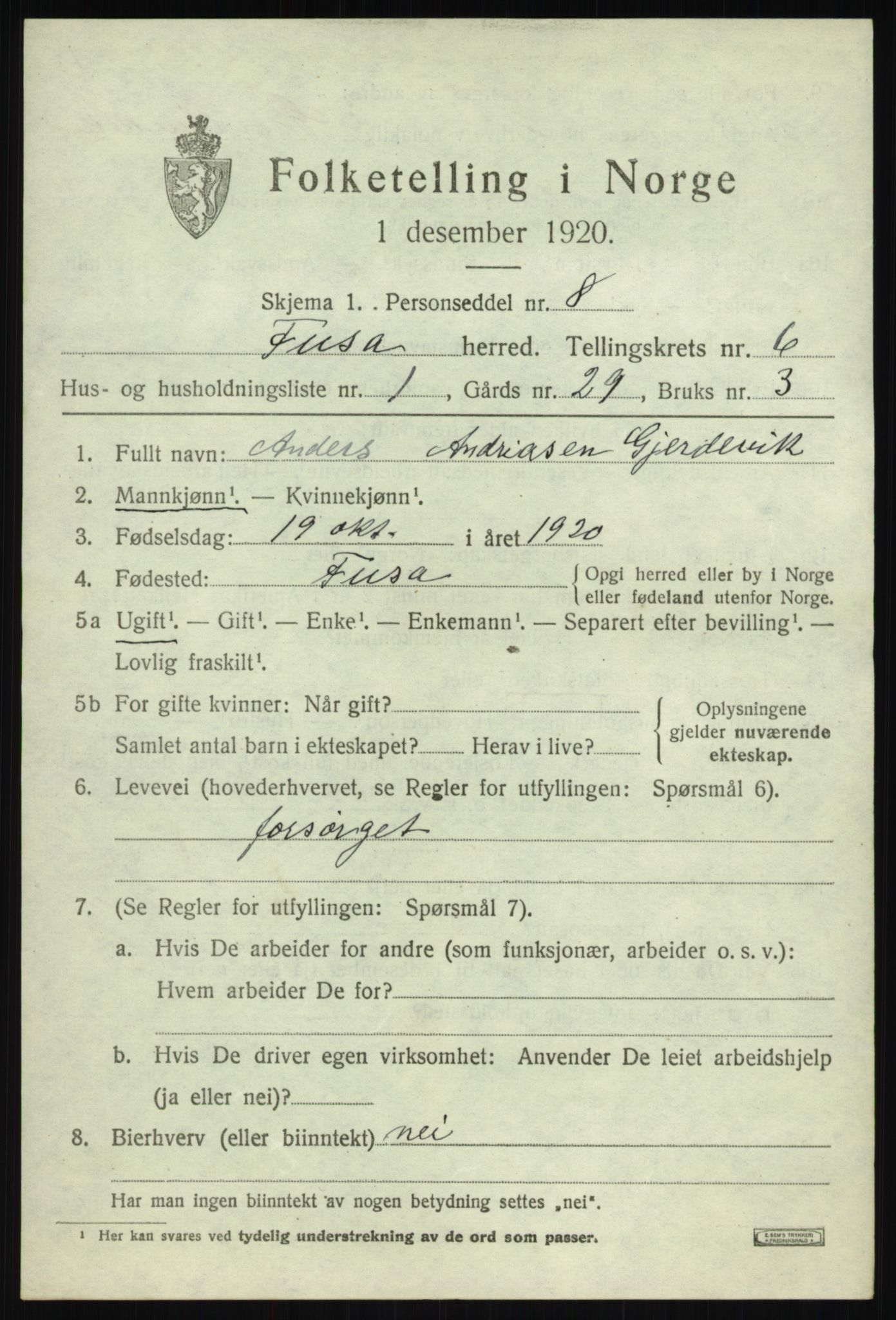 SAB, 1920 census for Fusa, 1920, p. 2473