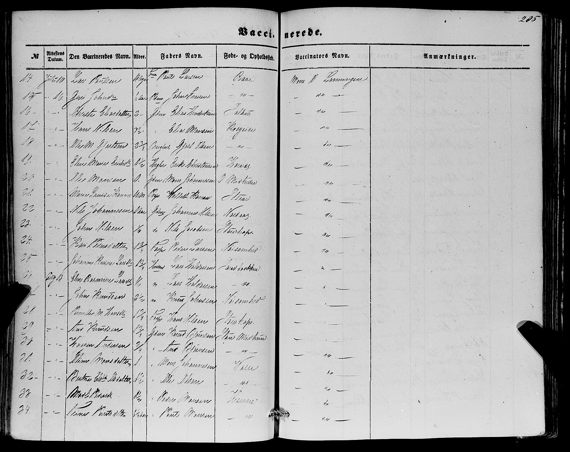 Fana Sokneprestembete, SAB/A-75101/H/Haa/Haaa/L0011: Parish register (official) no. A 11, 1851-1862, p. 285