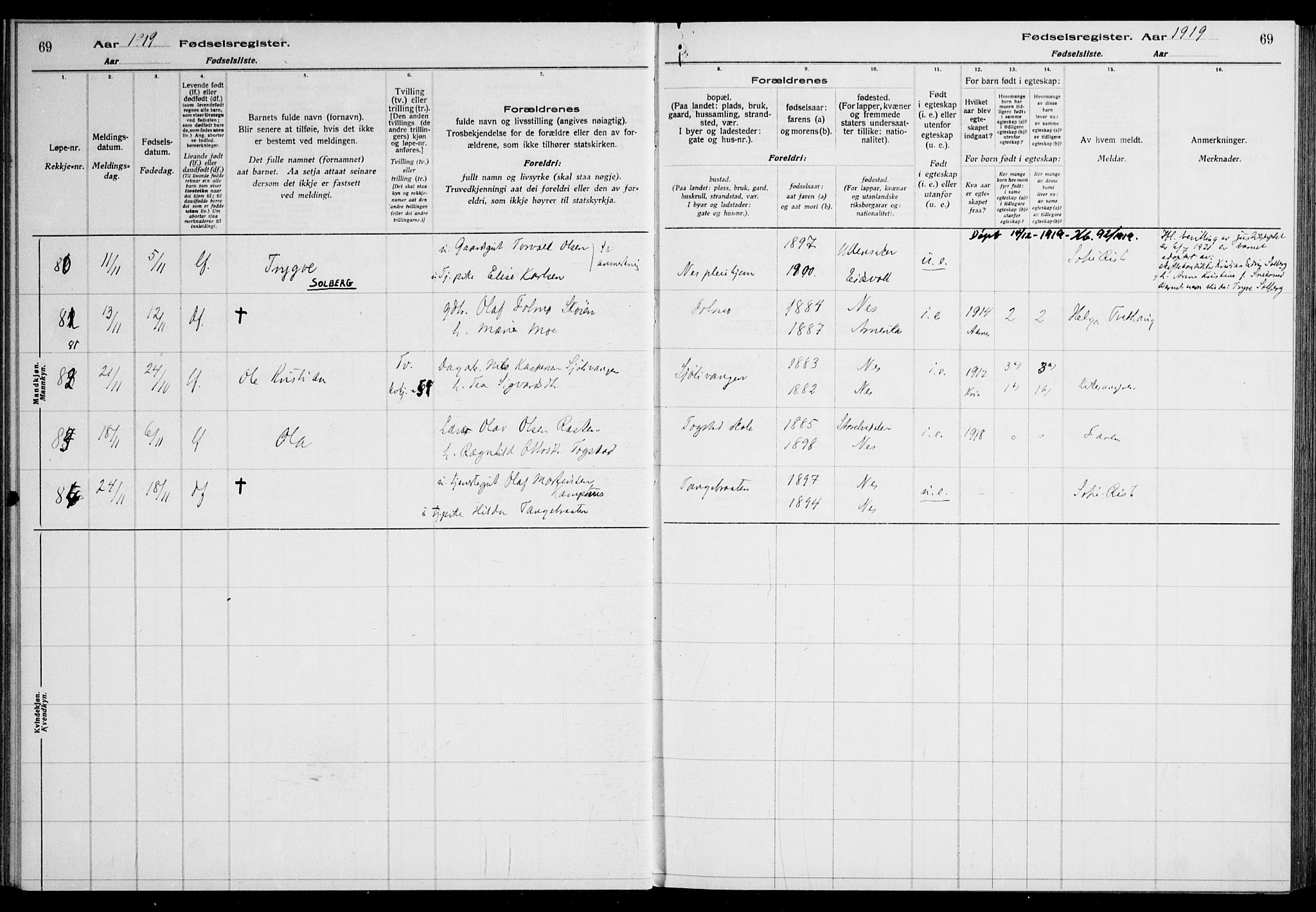 Nes prestekontor Kirkebøker, AV/SAO-A-10410/J/Ja/L0001: Birth register no. 1, 1916-1926, p. 69