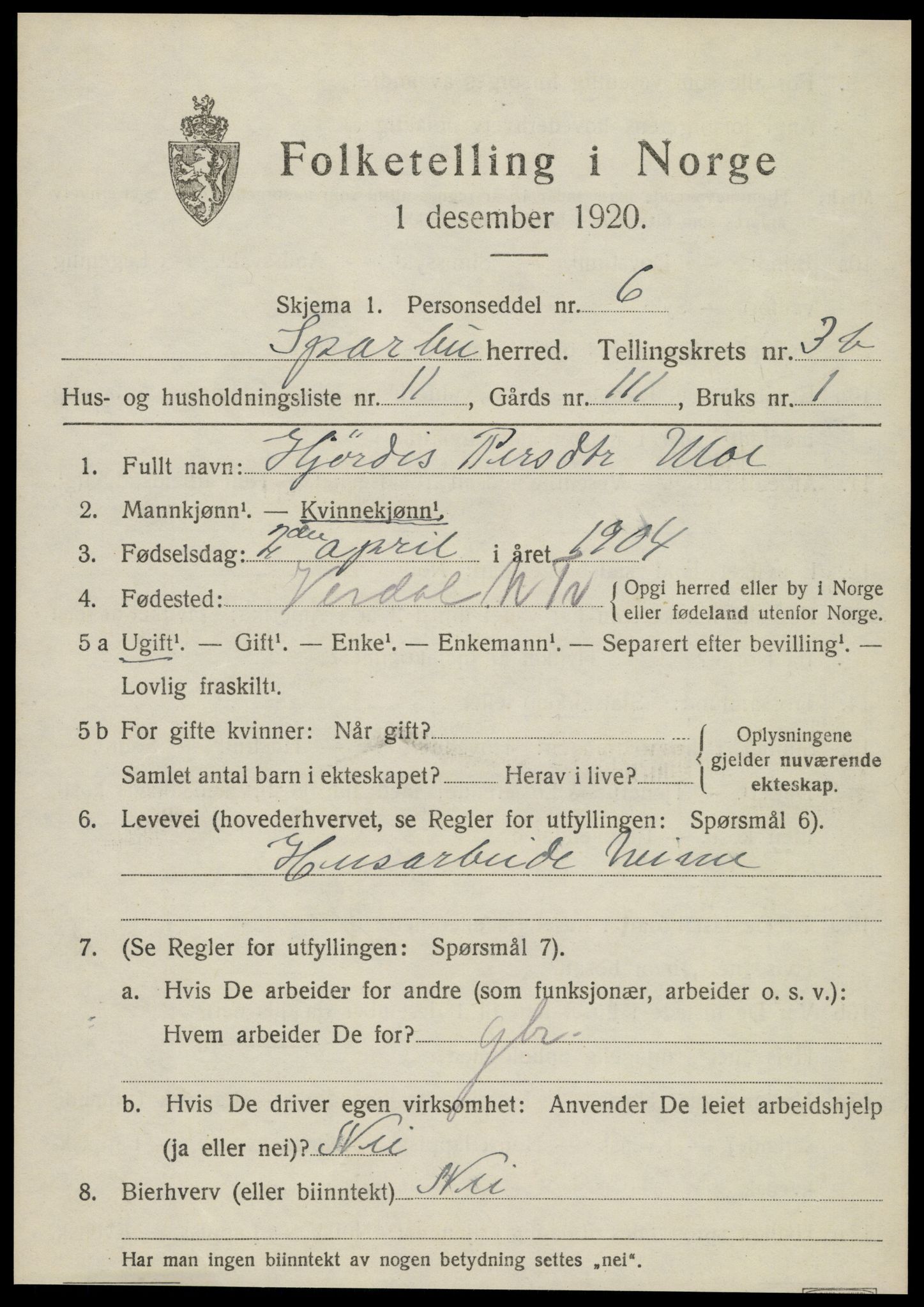 SAT, 1920 census for Sparbu, 1920, p. 4941