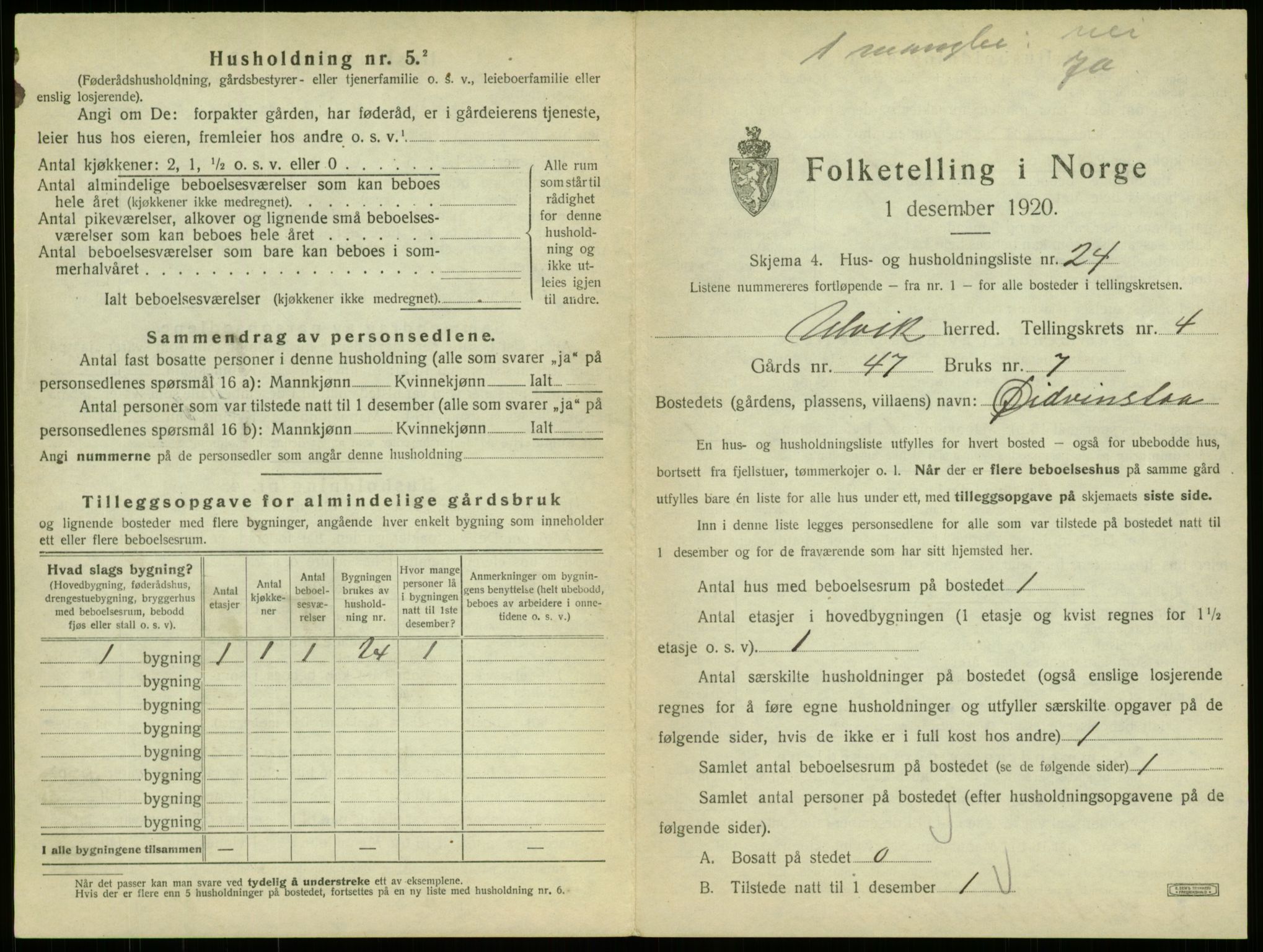 SAB, 1920 census for Ulvik, 1920, p. 39