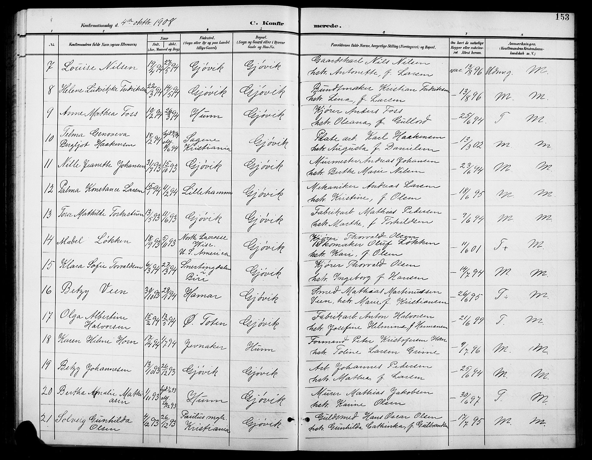 Vardal prestekontor, SAH/PREST-100/H/Ha/Hab/L0012: Parish register (copy) no. 12, 1902-1911, p. 153