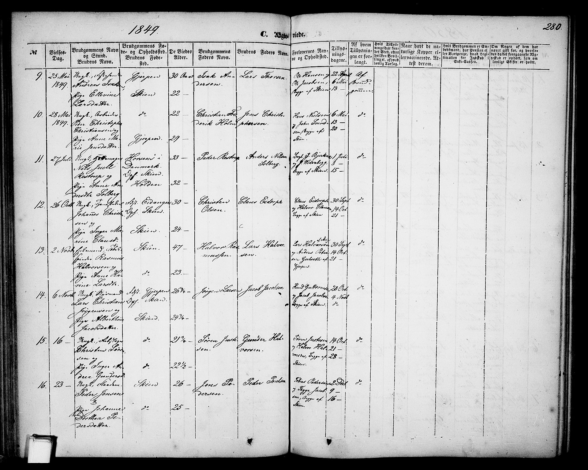 Skien kirkebøker, SAKO/A-302/G/Ga/L0004: Parish register (copy) no. 4, 1843-1867, p. 280