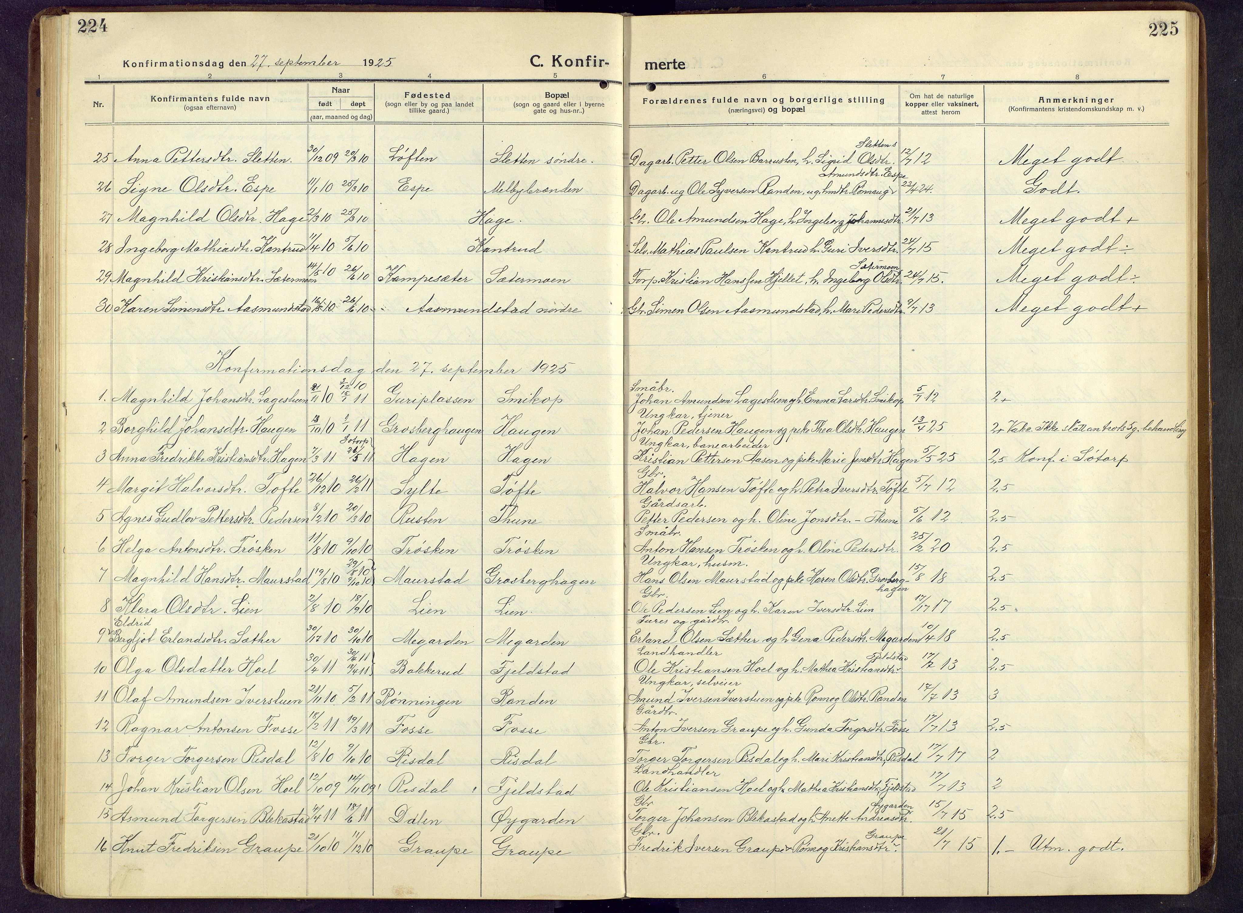 Nord-Fron prestekontor, SAH/PREST-080/H/Ha/Hab/L0009: Parish register (copy) no. 9, 1915-1958, p. 224-225