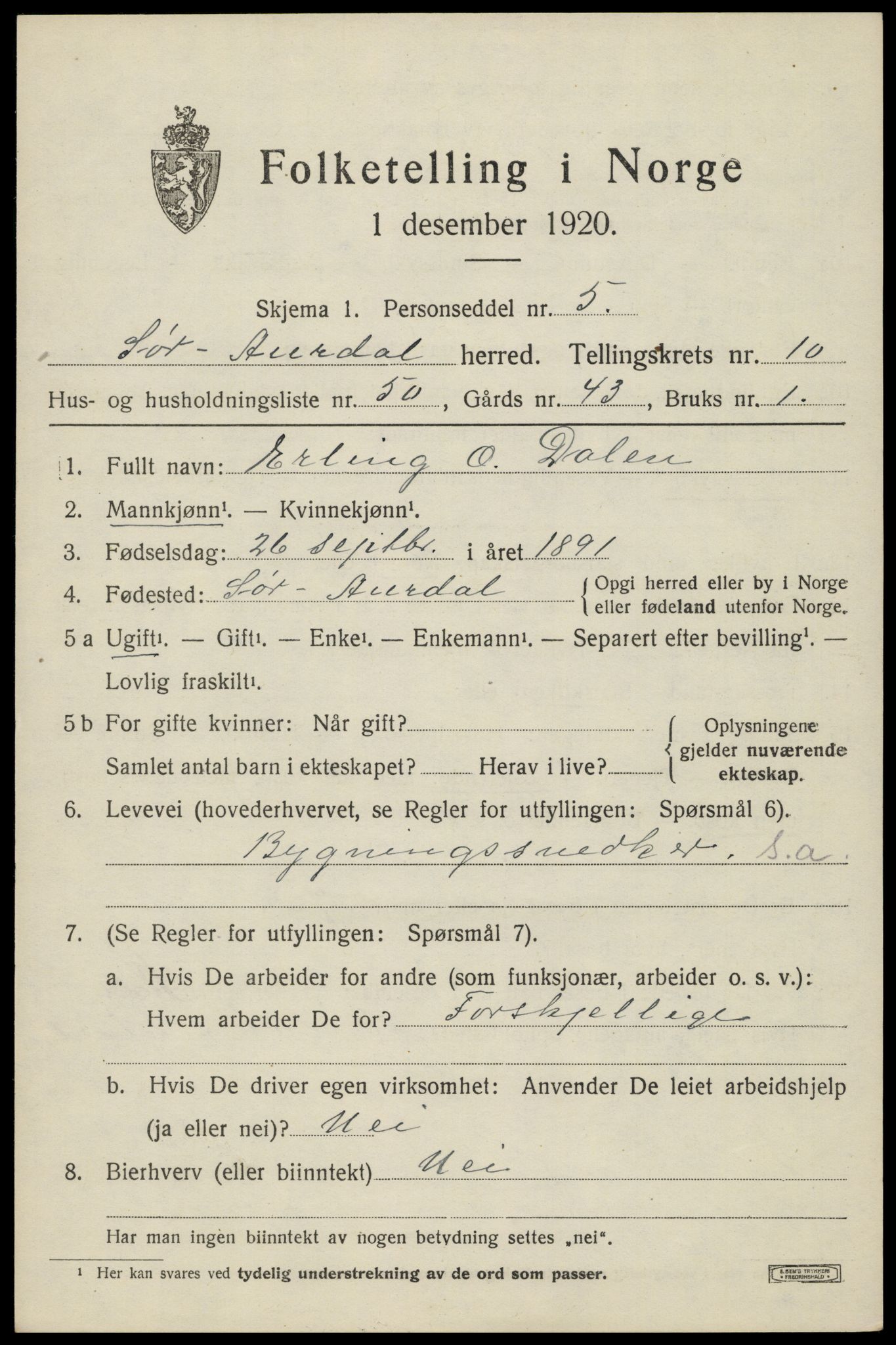 SAH, 1920 census for Sør-Aurdal, 1920, p. 6265