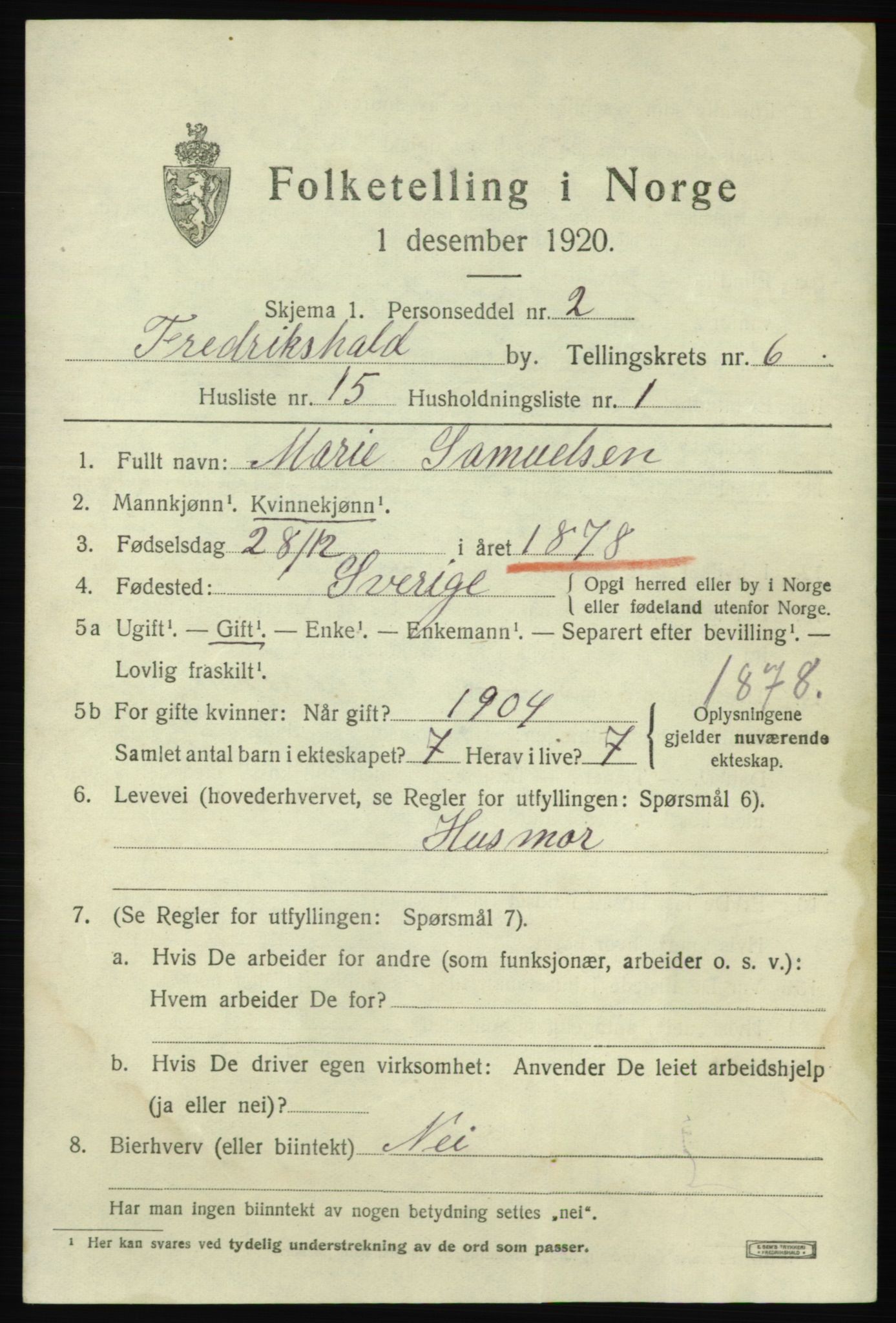 SAO, 1920 census for Fredrikshald, 1920, p. 13276