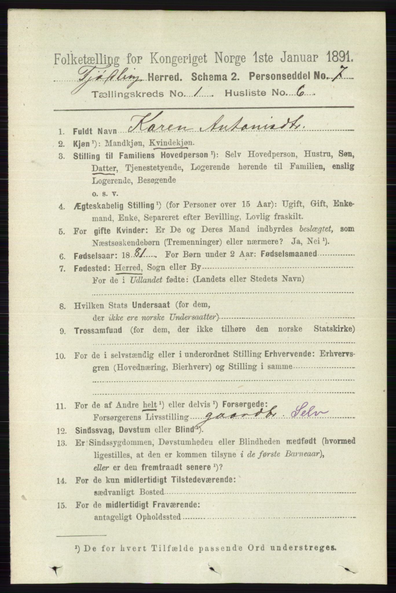 RA, 1891 census for 0725 Tjølling, 1891, p. 130