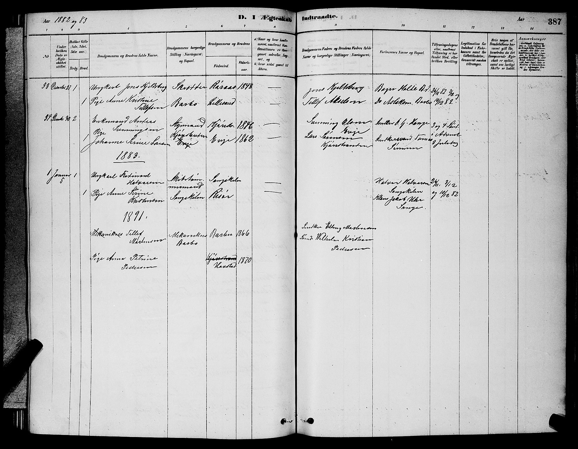 Barbu sokneprestkontor, AV/SAK-1111-0003/F/Fb/L0001: Parish register (copy) no. B 1, 1878-1890, p. 387