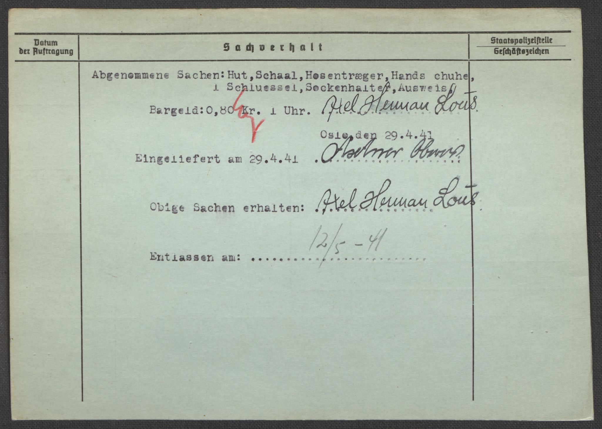 Befehlshaber der Sicherheitspolizei und des SD, AV/RA-RAFA-5969/E/Ea/Eaa/L0006: Register over norske fanger i Møllergata 19: Kj-Lund, 1940-1945, p. 1264