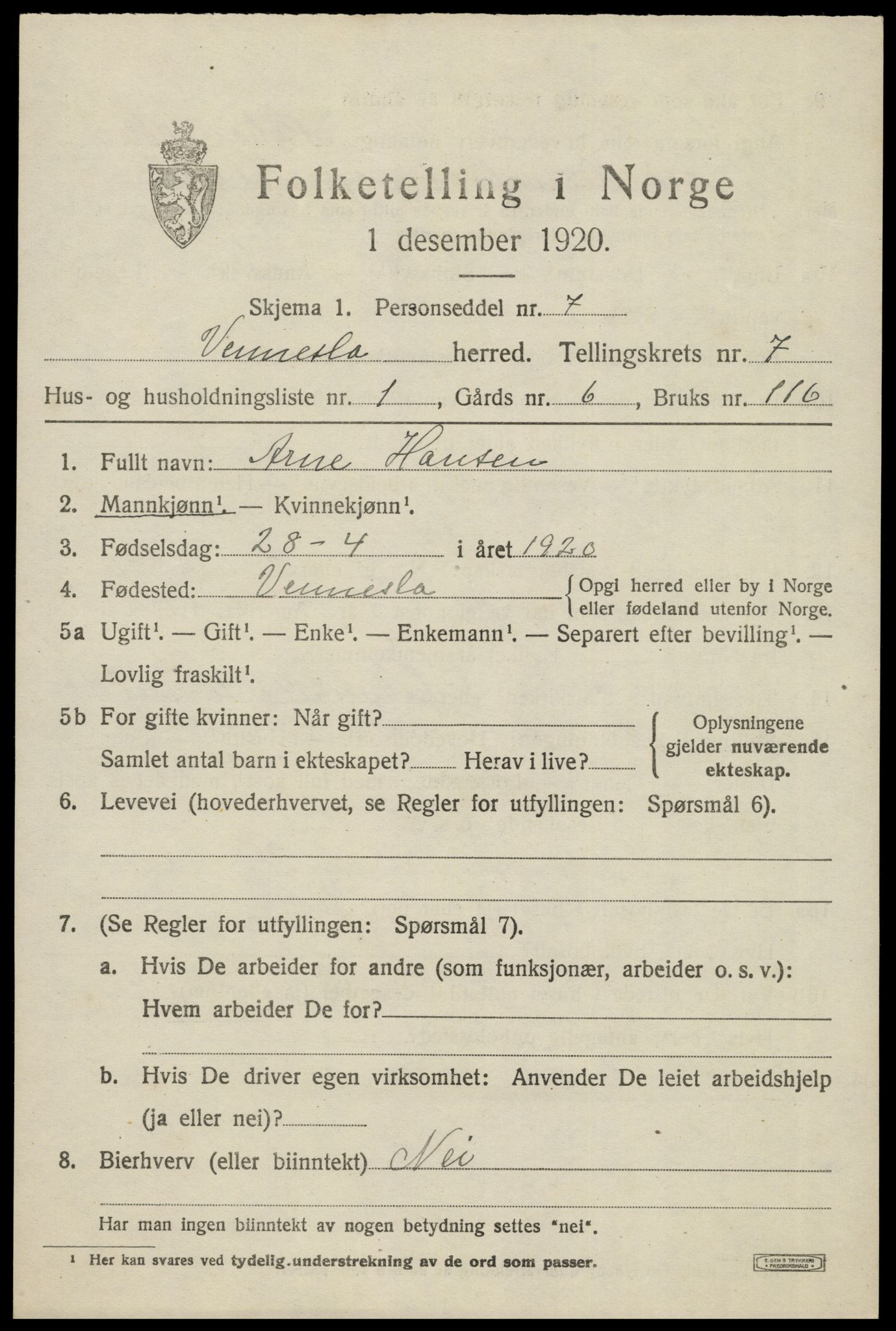 SAK, 1920 census for Vennesla, 1920, p. 4736