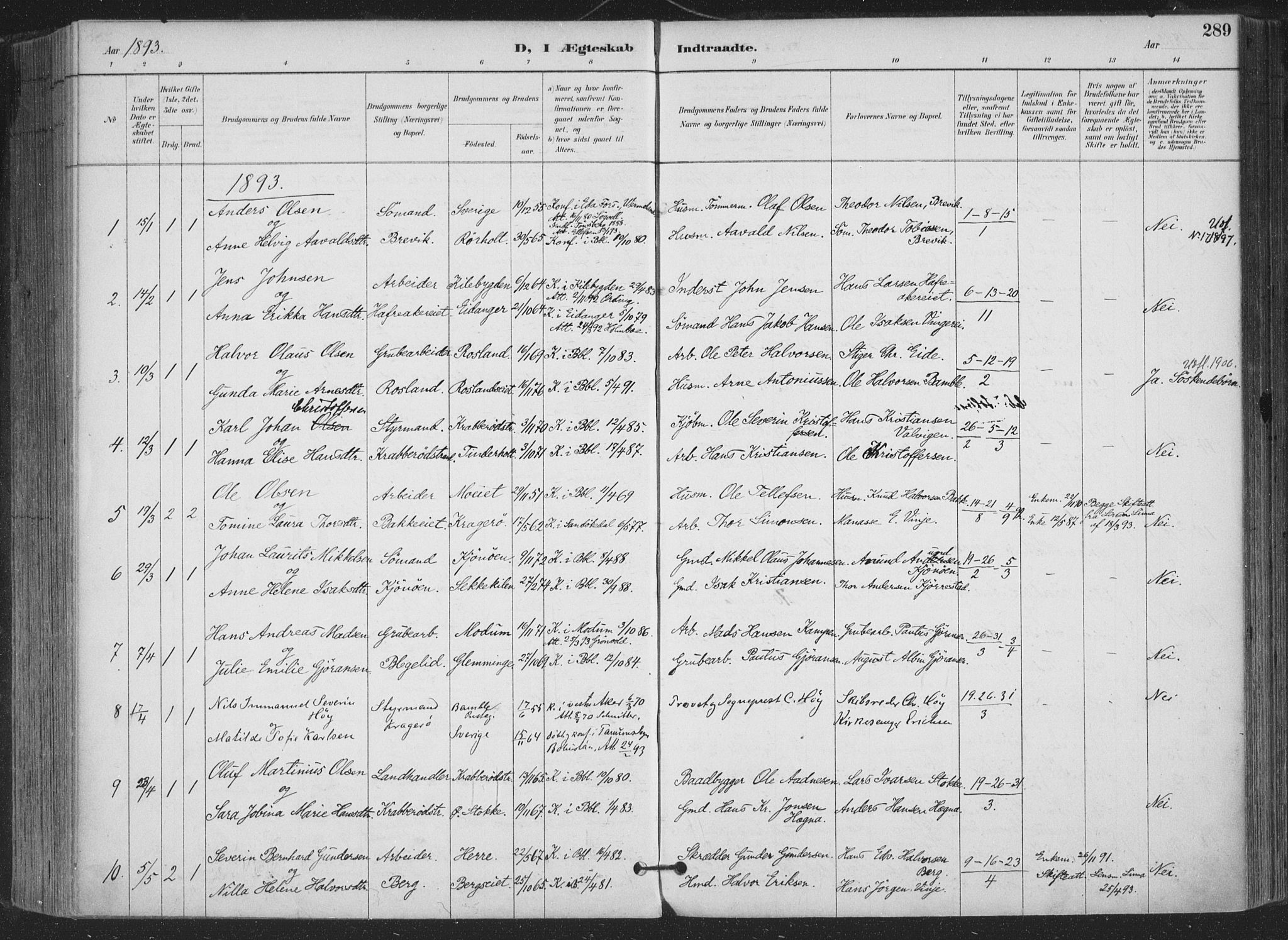 Bamble kirkebøker, AV/SAKO-A-253/F/Fa/L0008: Parish register (official) no. I 8, 1888-1900, p. 289