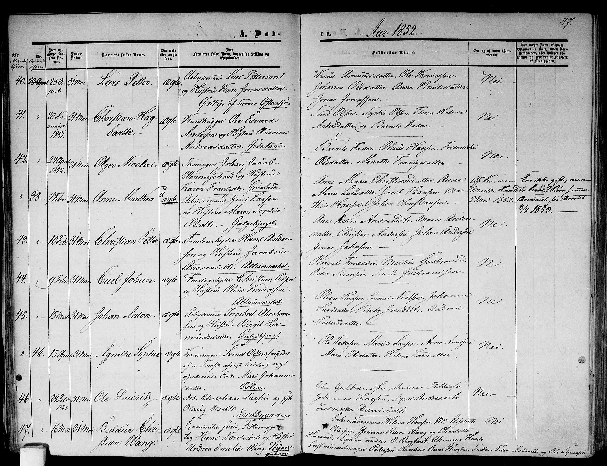 Gamlebyen prestekontor Kirkebøker, SAO/A-10884/F/Fa/L0004: Parish register (official) no. 4, 1850-1857, p. 47