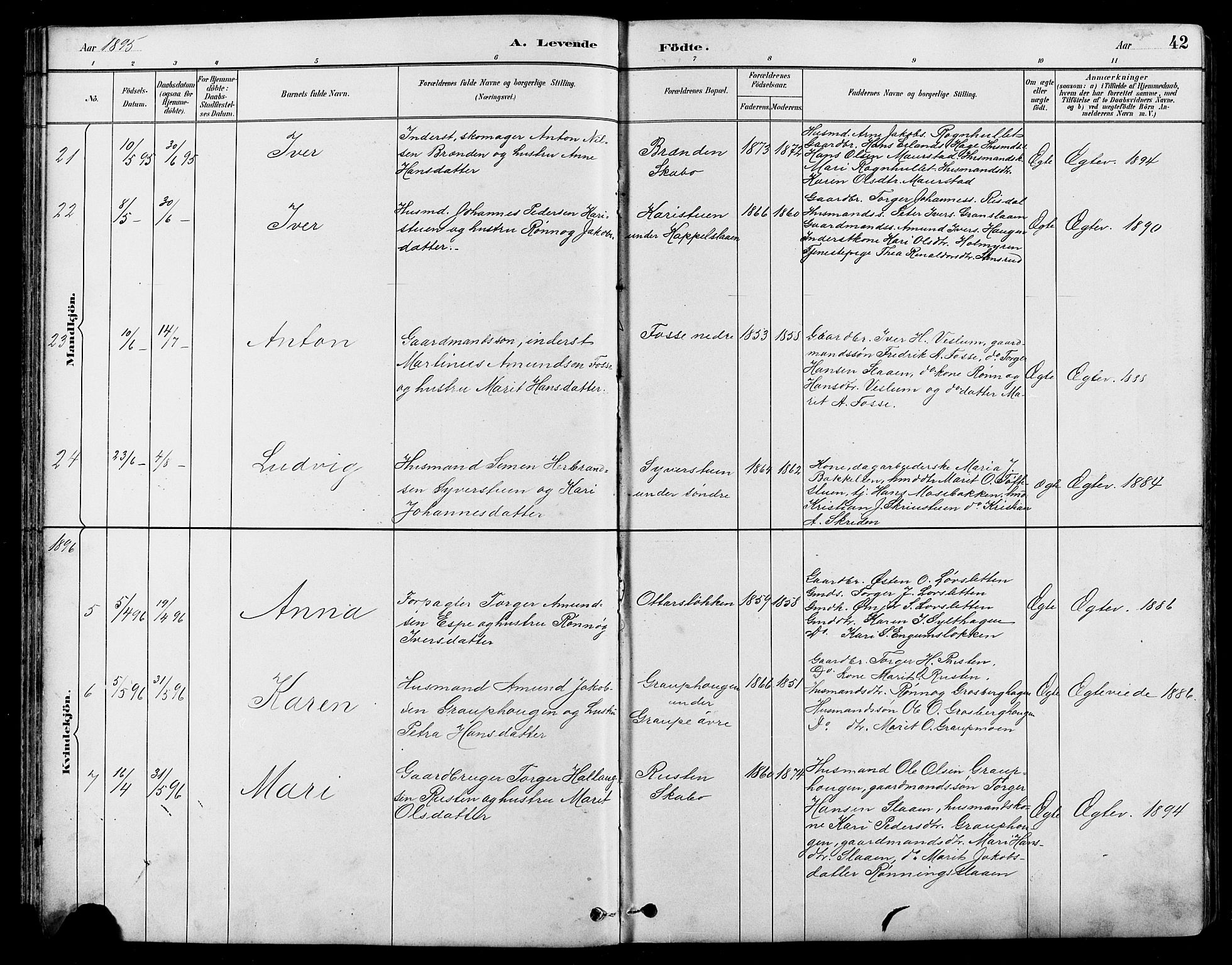 Nord-Fron prestekontor, SAH/PREST-080/H/Ha/Hab/L0005: Parish register (copy) no. 5, 1884-1914, p. 42