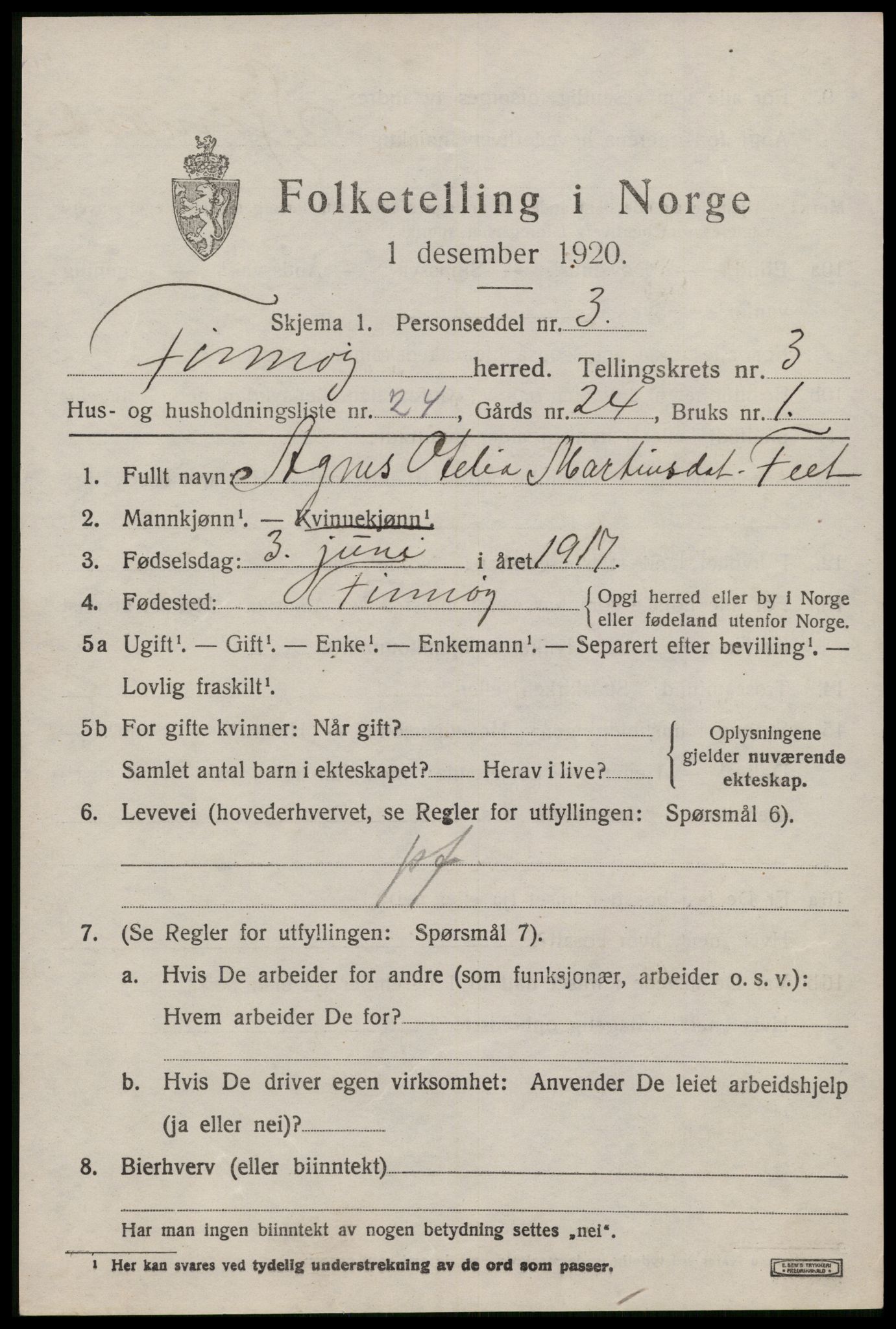 SAST, 1920 census for Finnøy, 1920, p. 2452