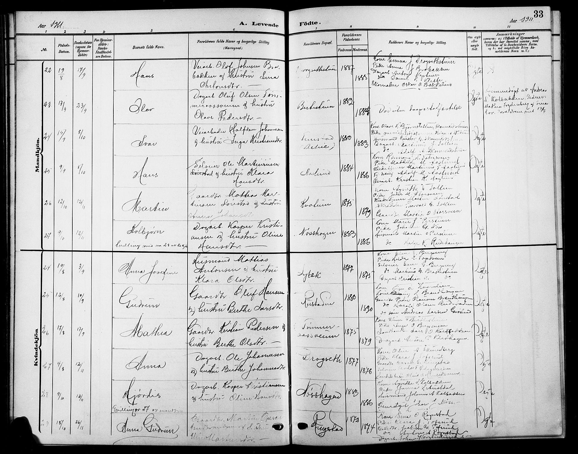 Biri prestekontor, AV/SAH-PREST-096/H/Ha/Hab/L0005: Parish register (copy) no. 5, 1906-1919, p. 33