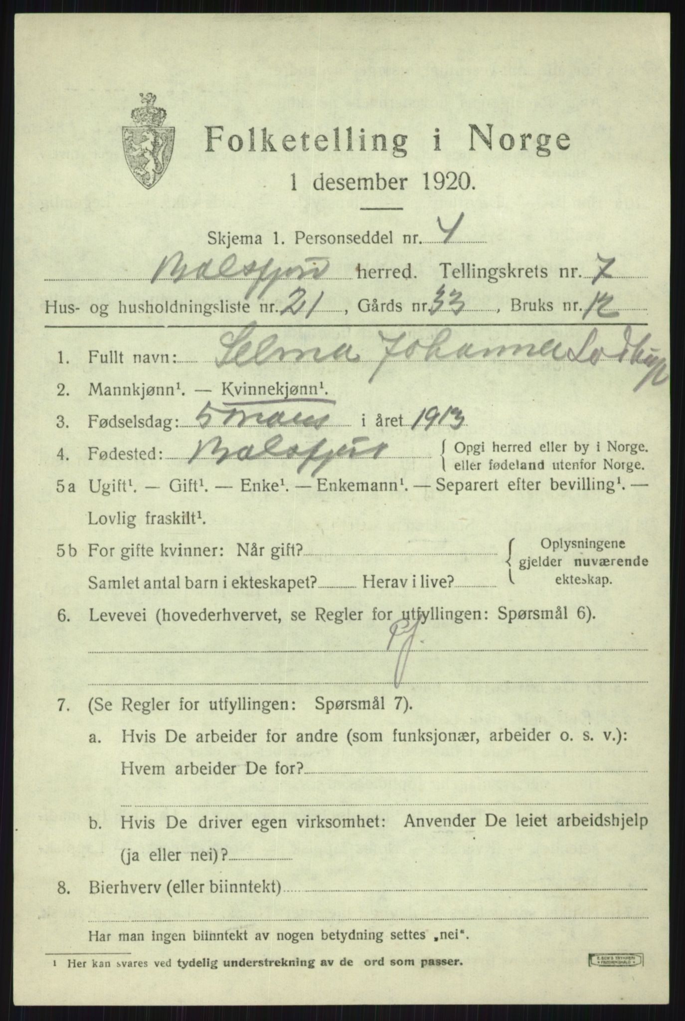 SATØ, 1920 census for Balsfjord, 1920, p. 4452