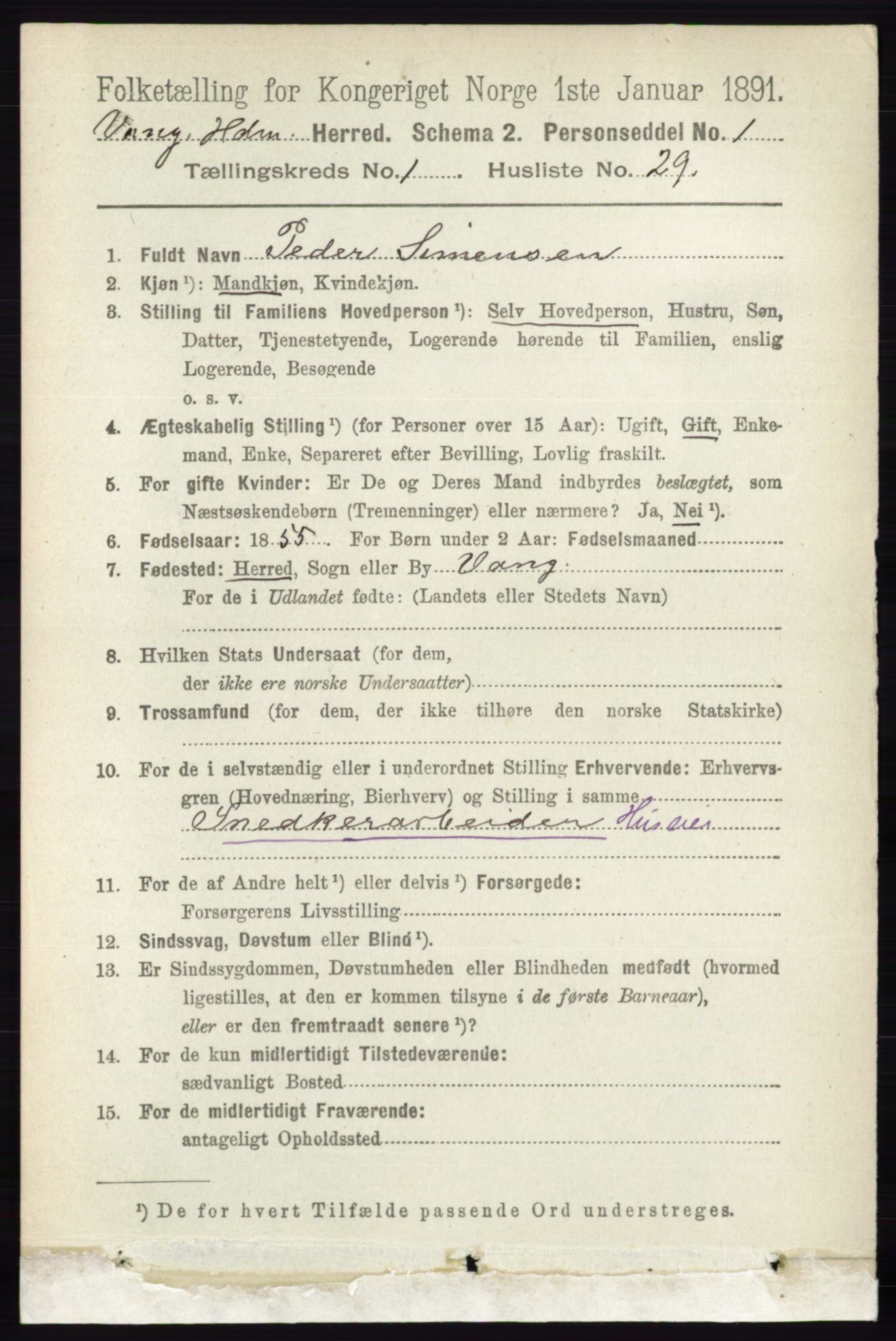 RA, 1891 census for 0414 Vang, 1891, p. 358