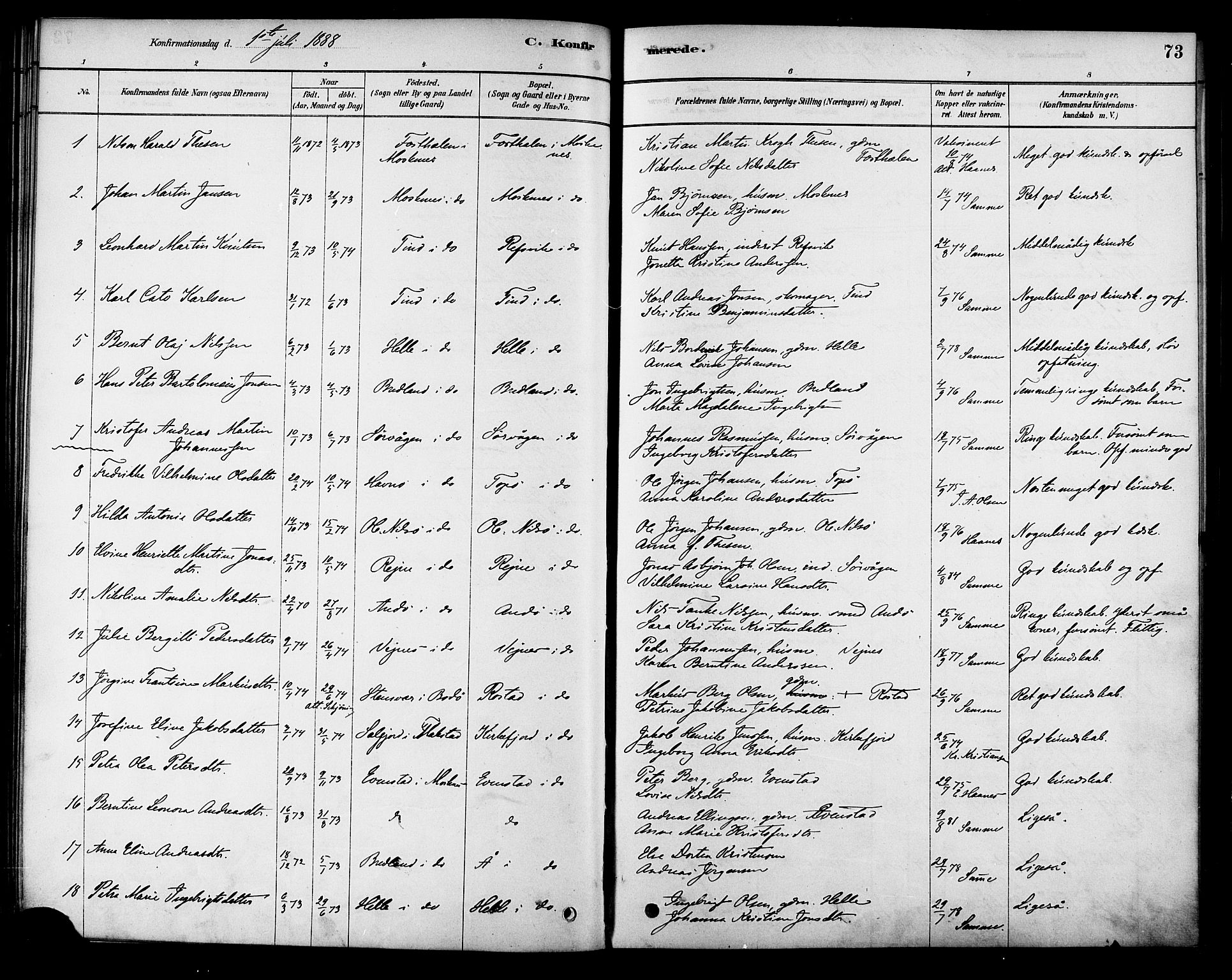 Ministerialprotokoller, klokkerbøker og fødselsregistre - Nordland, SAT/A-1459/886/L1219: Parish register (official) no. 886A01, 1878-1892, p. 73
