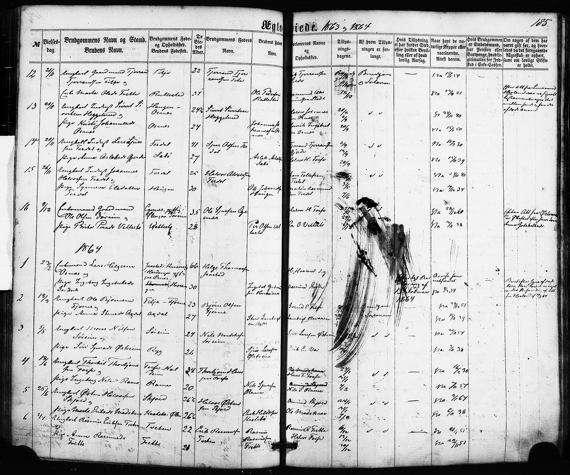 Etne sokneprestembete, SAB/A-75001/H/Haa: Parish register (official) no. A 9, 1862-1878, p. 185