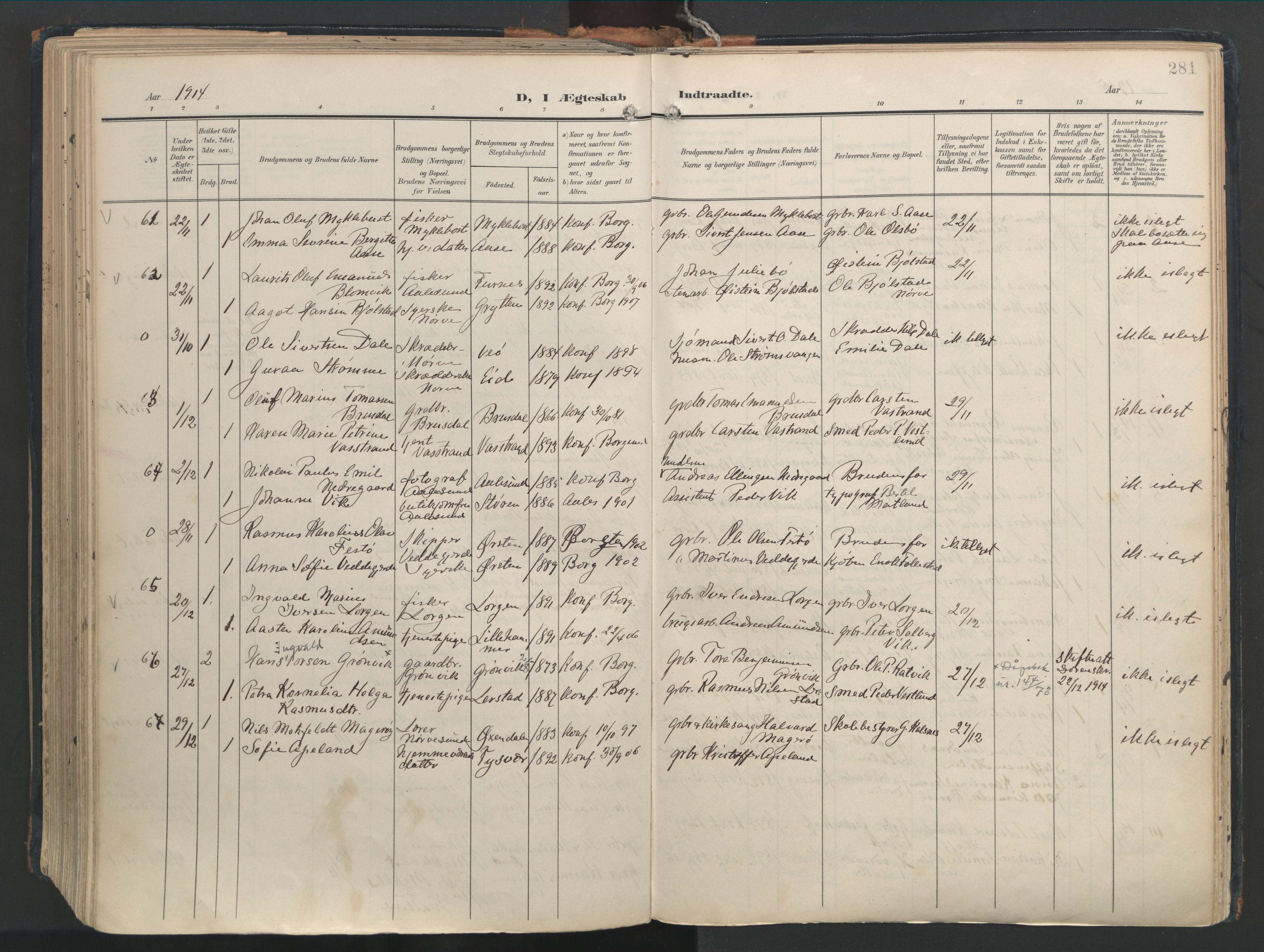 Ministerialprotokoller, klokkerbøker og fødselsregistre - Møre og Romsdal, AV/SAT-A-1454/528/L0411: Parish register (official) no. 528A20, 1907-1920, p. 281