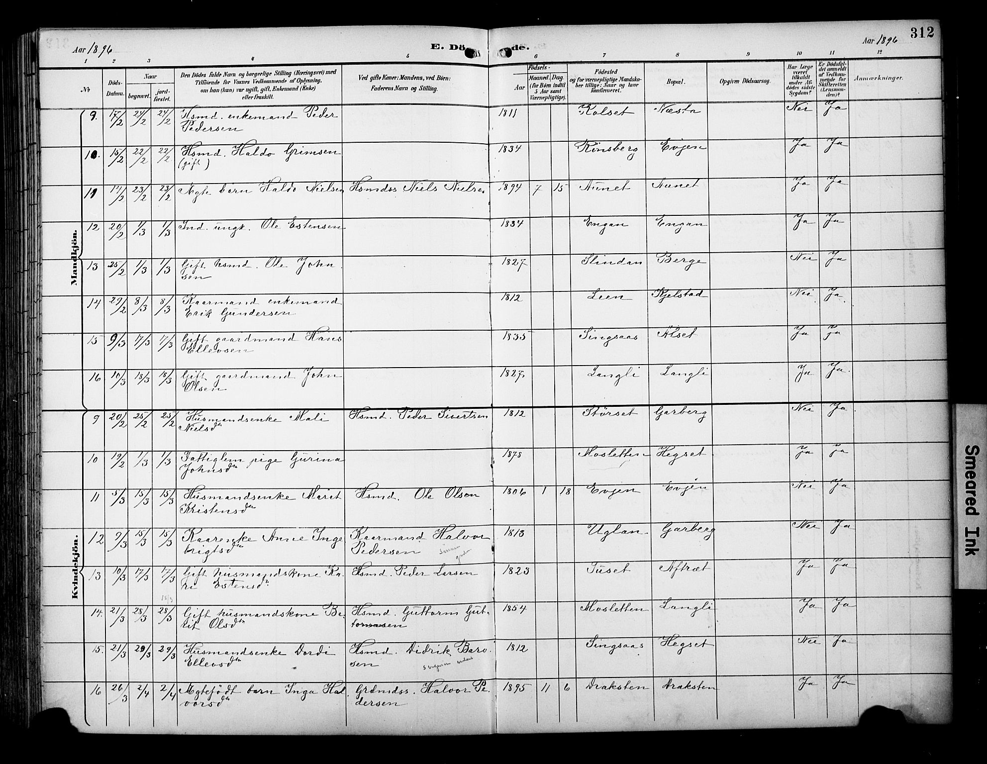 Ministerialprotokoller, klokkerbøker og fødselsregistre - Sør-Trøndelag, AV/SAT-A-1456/695/L1149: Parish register (official) no. 695A09, 1891-1902, p. 312