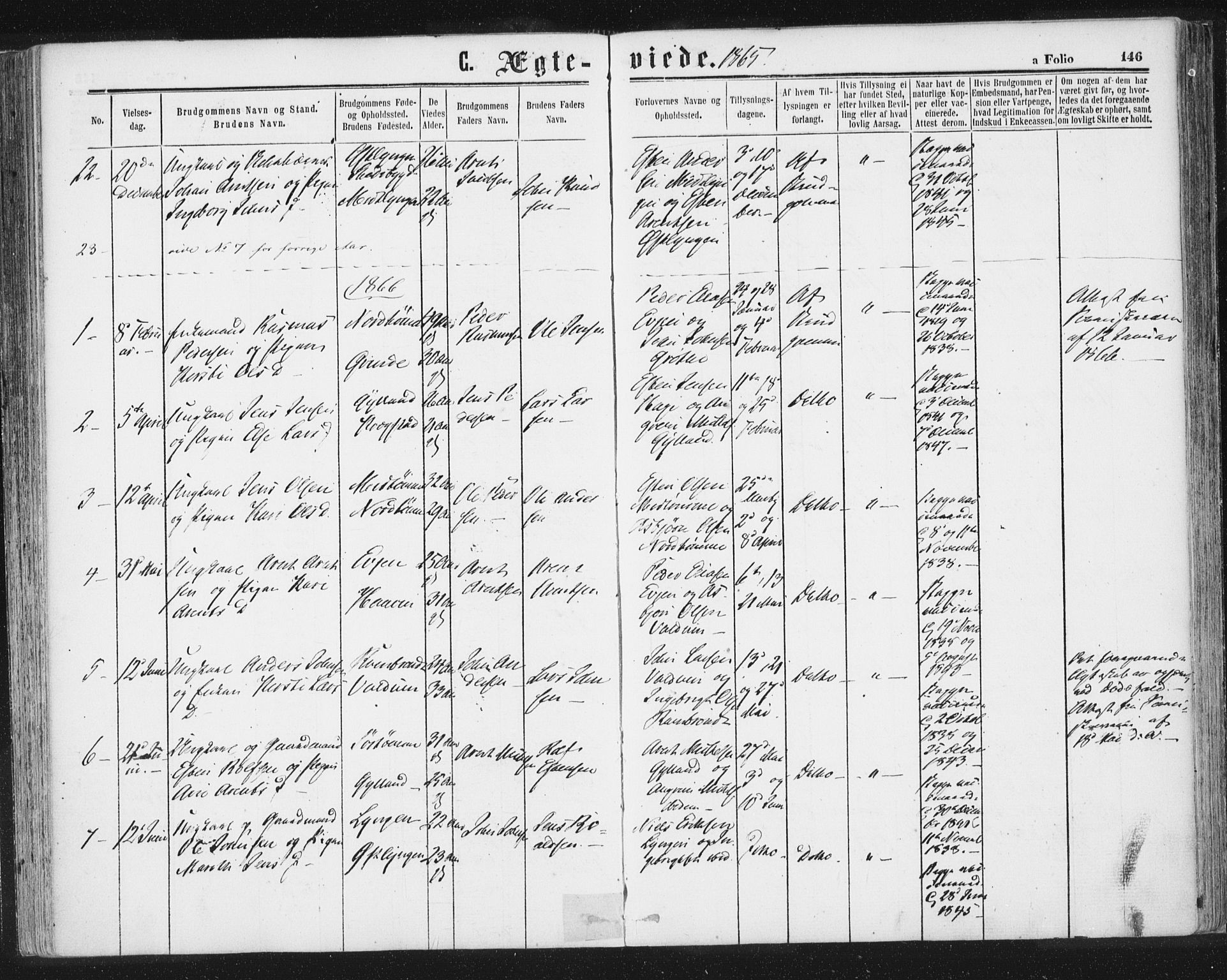 Ministerialprotokoller, klokkerbøker og fødselsregistre - Sør-Trøndelag, SAT/A-1456/692/L1104: Parish register (official) no. 692A04, 1862-1878, p. 146
